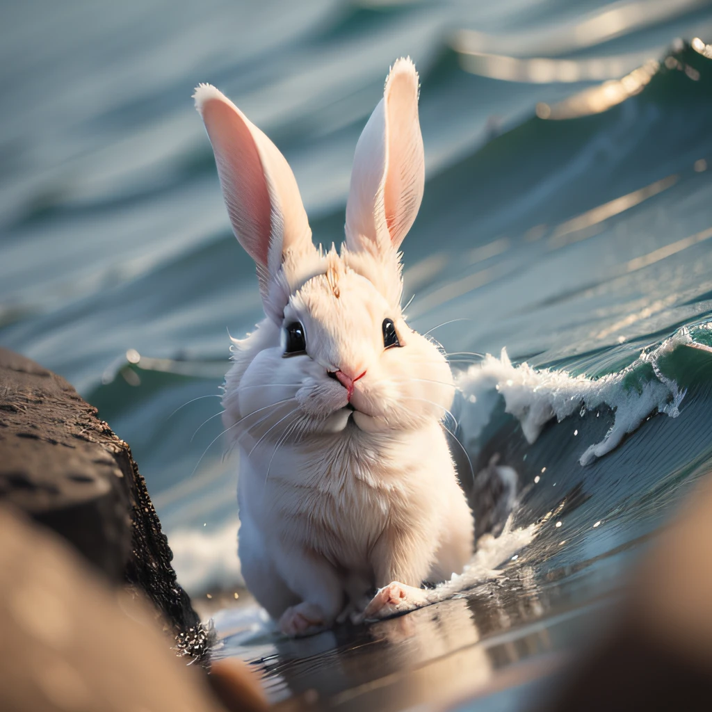 Two rabbit, run on the sea, detail rabbit, telephoto lens, depth of field, quadratic