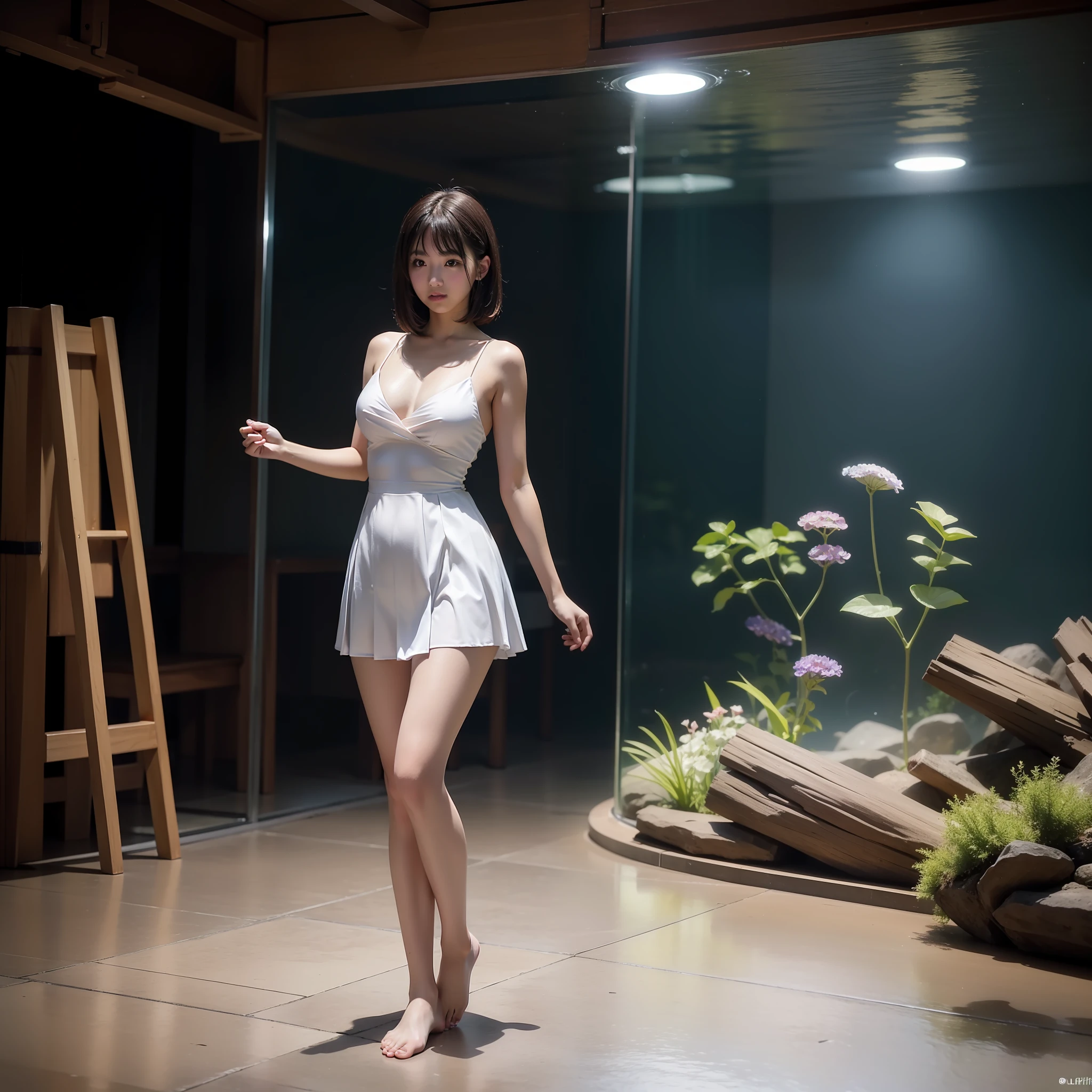 in aquarium, short dress, pleated skirt, RAW photo, (photorealistic: 1.37, realistic), highly detailed unified CG 8K wallpapers, 1girl, ((perfect body: 1.1)), (medium breasts: 1.2), looking up, (HQ skin:1.2, shiny skin), 8k uhd, dslr, soft lighting, high quality, film grain, Fujifilm XT3, ((full body: 0.8)), (professional lighting:1.4) ,