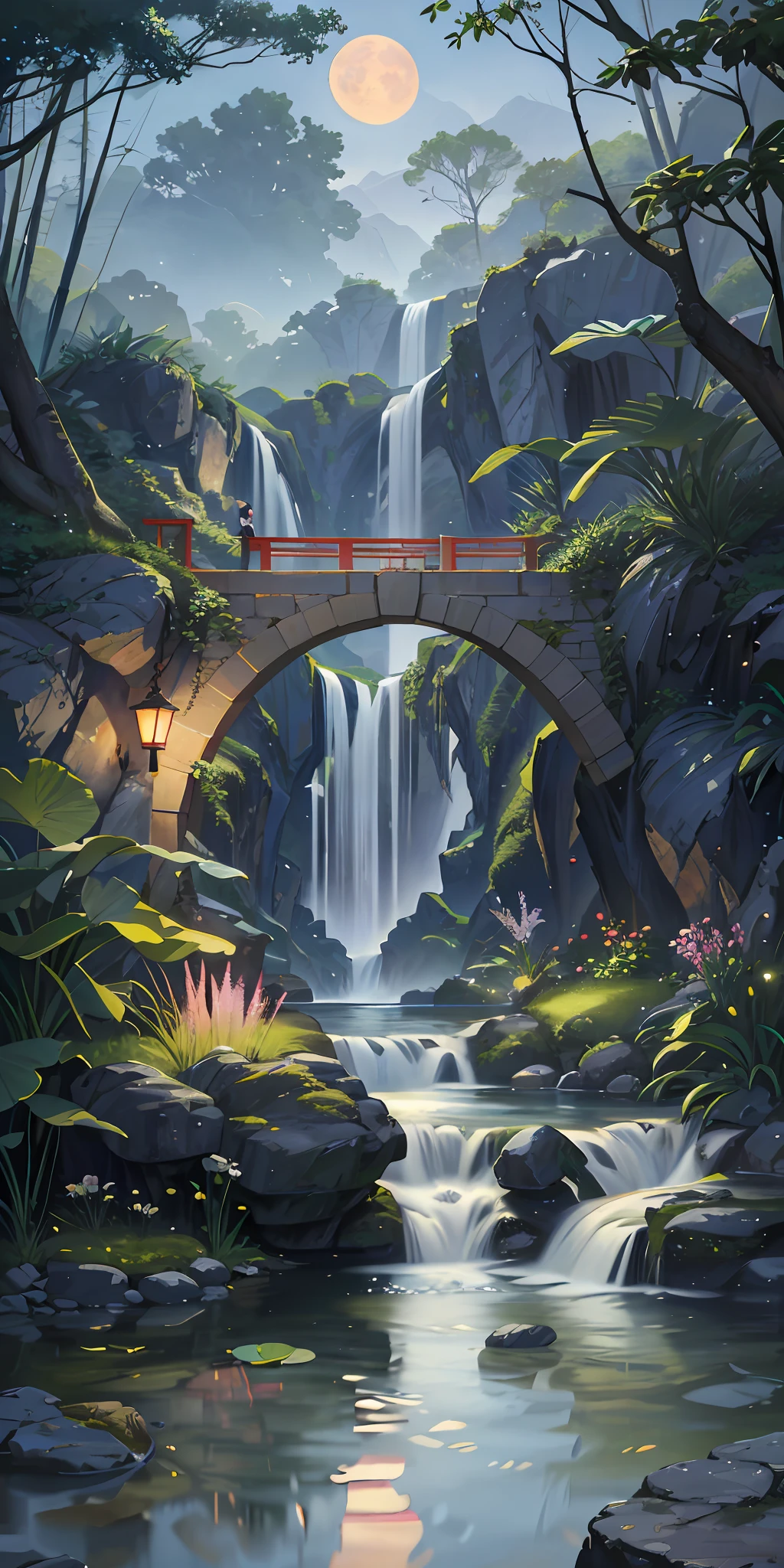 Ancient Chinese architecture, garden, bamboo, lake, stone bridge, rockery, arch, corner, rockery, tree, flowing water, landscape, outdoor, waterfall, meadow, rock, water lily, stream, lotus, moon, night view, hot springs, water vapor, (illustration: 1.0), epic composition, realistic lighting, high-definition detail, masterpiece, best quality, (very detailed CG unified 8k wallpaper), (best quality)