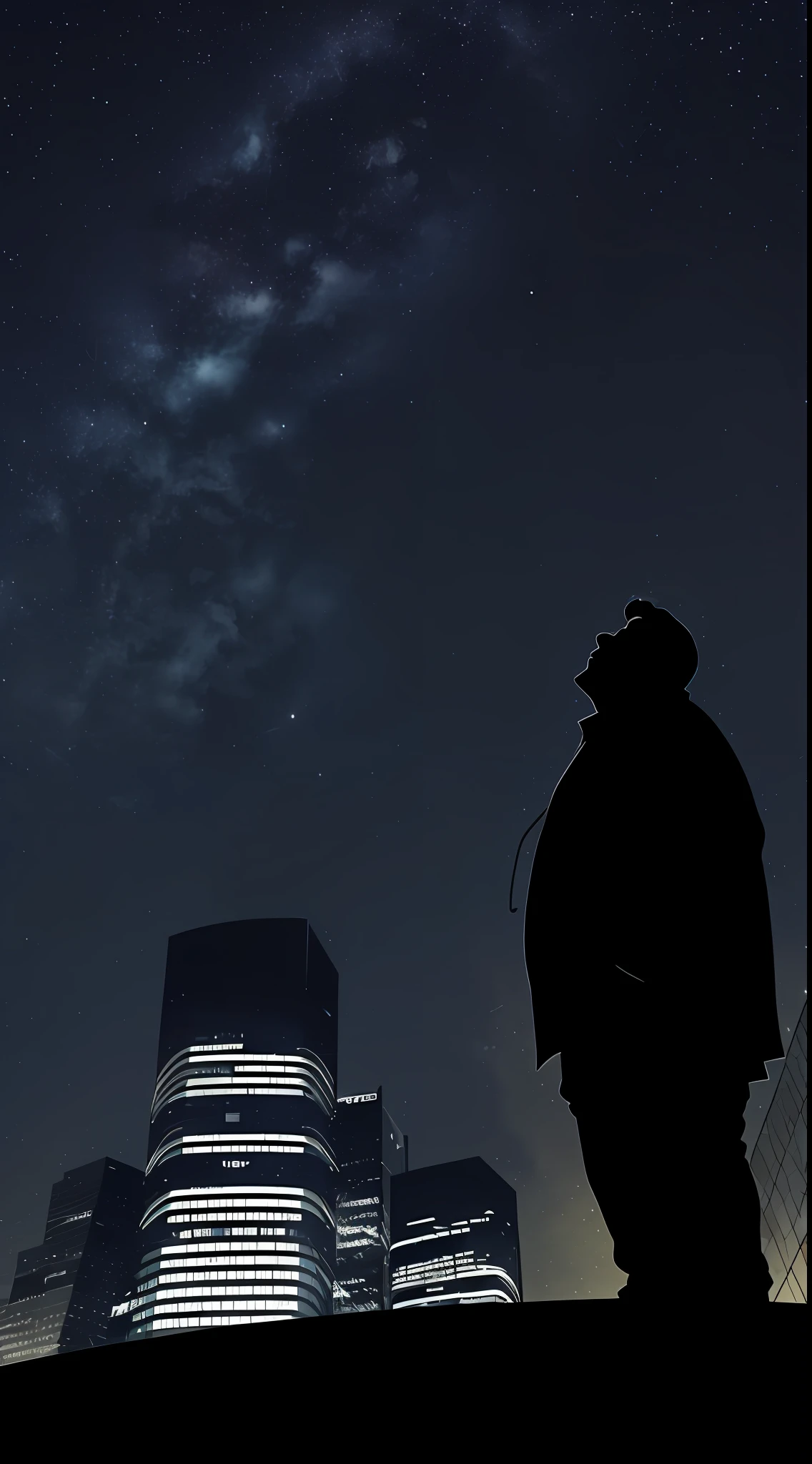 A silhouette of an overweight man, standing atop a tall building, looking up at the night sky and the city lights. (perspective: looking up, mood: contemplative, setting: urban night cityscape, weather: clear night sky)