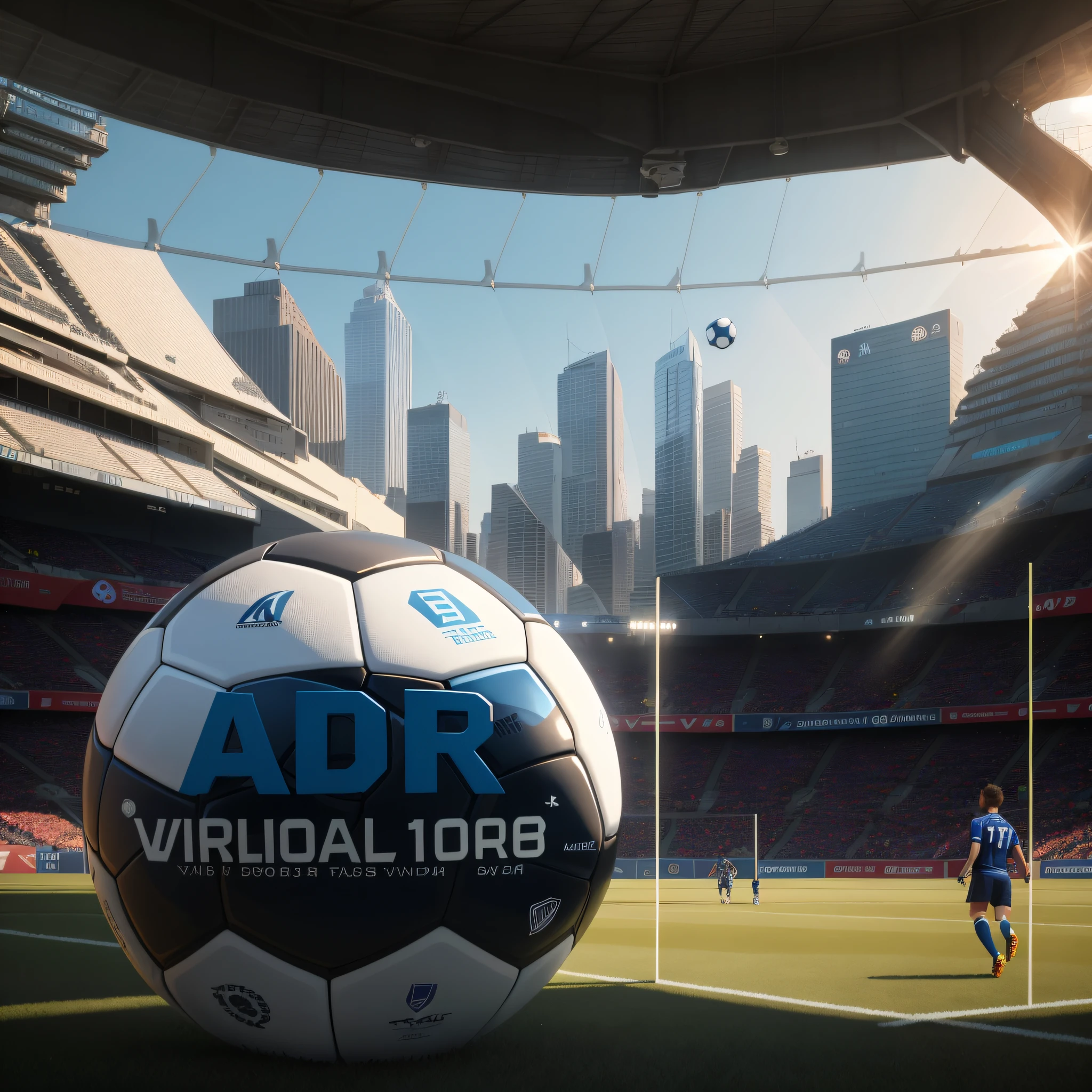 there is a soccer ball on the field with a soccer player in the background, 1285445247], 2263539546], ad, 🐋 as 🐘 as 🤖 as 👽 as 🐳, vr, tutorial, professional, profile picture 1024px, ap, ar, thumbnail, virtual