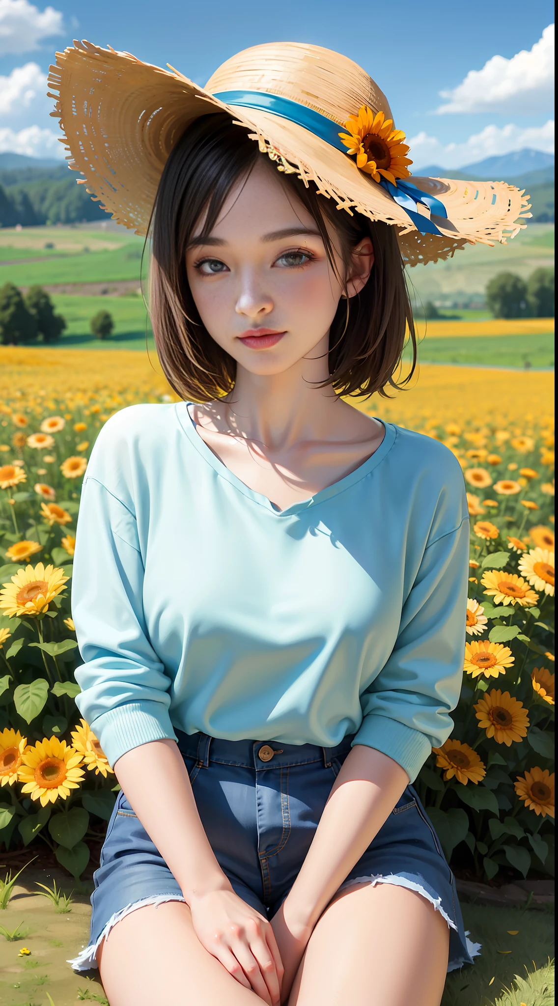 (masterpiece:1.5, best quality:1.5), (hyper realistic:1.5), (photo realistic:1.5), (real picture, intricate details), looking at viewer, (8k wallpaper:1.5) (knee to head): 1.15), (face detail: 1.5), ( Eye detail: 1.5), (sharp photo), high detail, ultra detail, ultra resolution, (strong depth of field: 1.5) Style - cute and playful Positioning - Open scene background - Blue sky and white clouds main body - Yellow sweater with straw hat, front view appearance - Short hair, bright eyes, rosy cheeks clothing - yellow sweater, denim strap shorts, white sneakers, Pose - smiling sitting among colorful flowers Details - wildflowers and tall grass in the background, butterflies and birds flying around in the distance Effect - Warm sunlight shines on the girl, casting a soft glow Description - A cute and innocent girl sitting in open flowers from which to enjoy her sun, surrounded by the beauty of nature. Dressed in a yellow sweater, denim strappy shorts and a straw hat, the warm sun shone on her and the wildflowers swayed gently in the breeze. Butterflies and birds flutter around her, adding to the playful atmosphere.