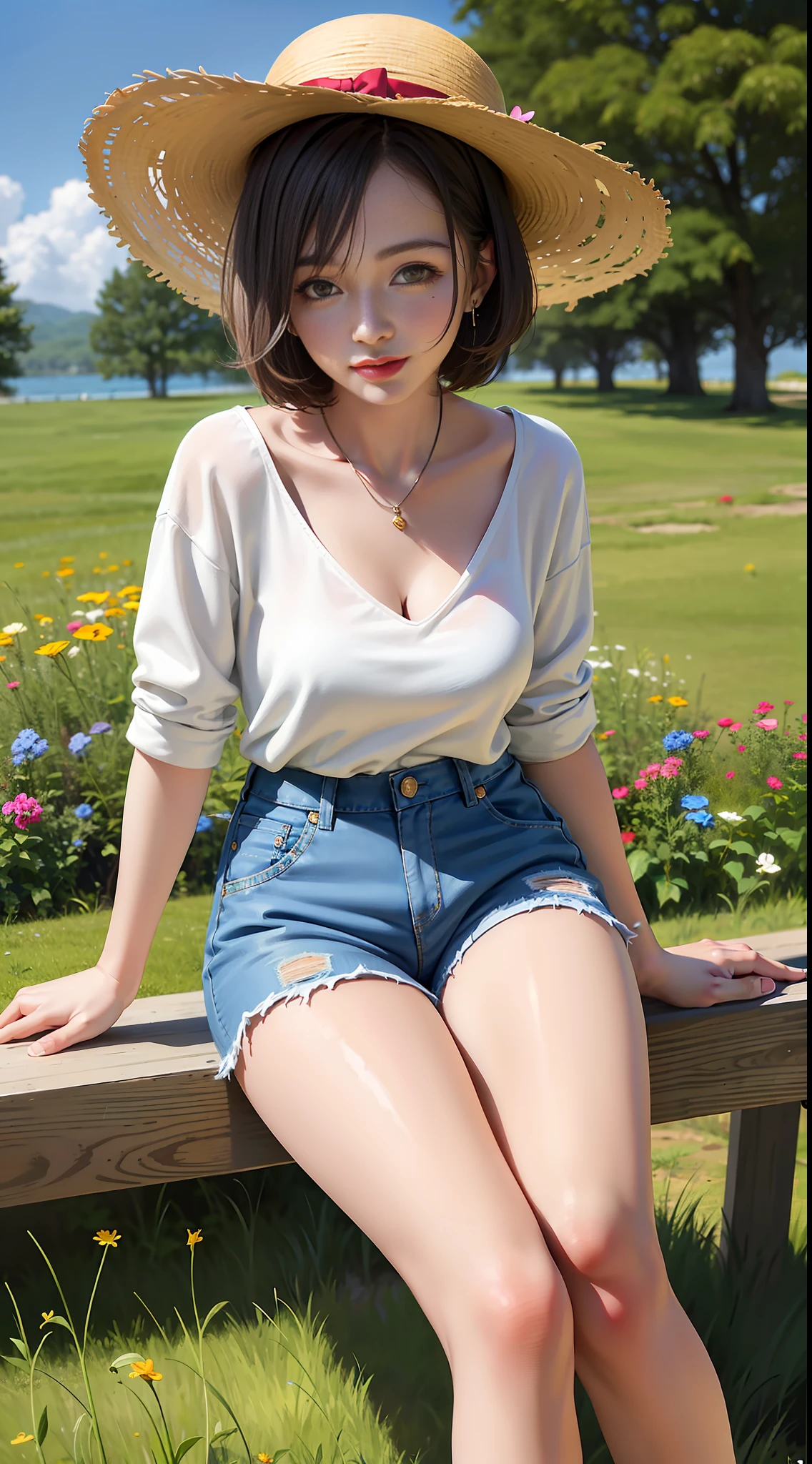 (masterpiece:1.5, best quality:1.5), (hyper realistic:1.5), (photo realistic:1.5), (real picture, intricate details), looking at viewer, (8k wallpaper:1.5) (knee to head): 1.15), (face detail: 1.5), ( Eye detail: 1.5), (sharp photo), high detail, ultra detail, ultra resolution, (strong depth of field: 1.5) Style - cute and playful Positioning - Open scene background - Blue sky and white clouds main body - Yellow sweater with straw hat, front view appearance - Short hair, bright eyes, rosy cheeks clothing - yellow sweater, denim strap shorts, white sneakers, Pose - smiling sitting among colorful flowers Details - wildflowers and tall grass in the background, erflies and birds flying around in the distance Effect - Warm sunlight shines on the girl, casting a soft glow Description - A cute and innocent girl sitting in open flowers from which to enjoy her sun, surrounded by the beauty of nature. Dressed in a yellow sweater, denim strappy shorts and a straw hat, the warm sun shone on her and the wildflowers swayed gently in the breeze. Butties and birds flutter around her, adding to the playful atmosphere.