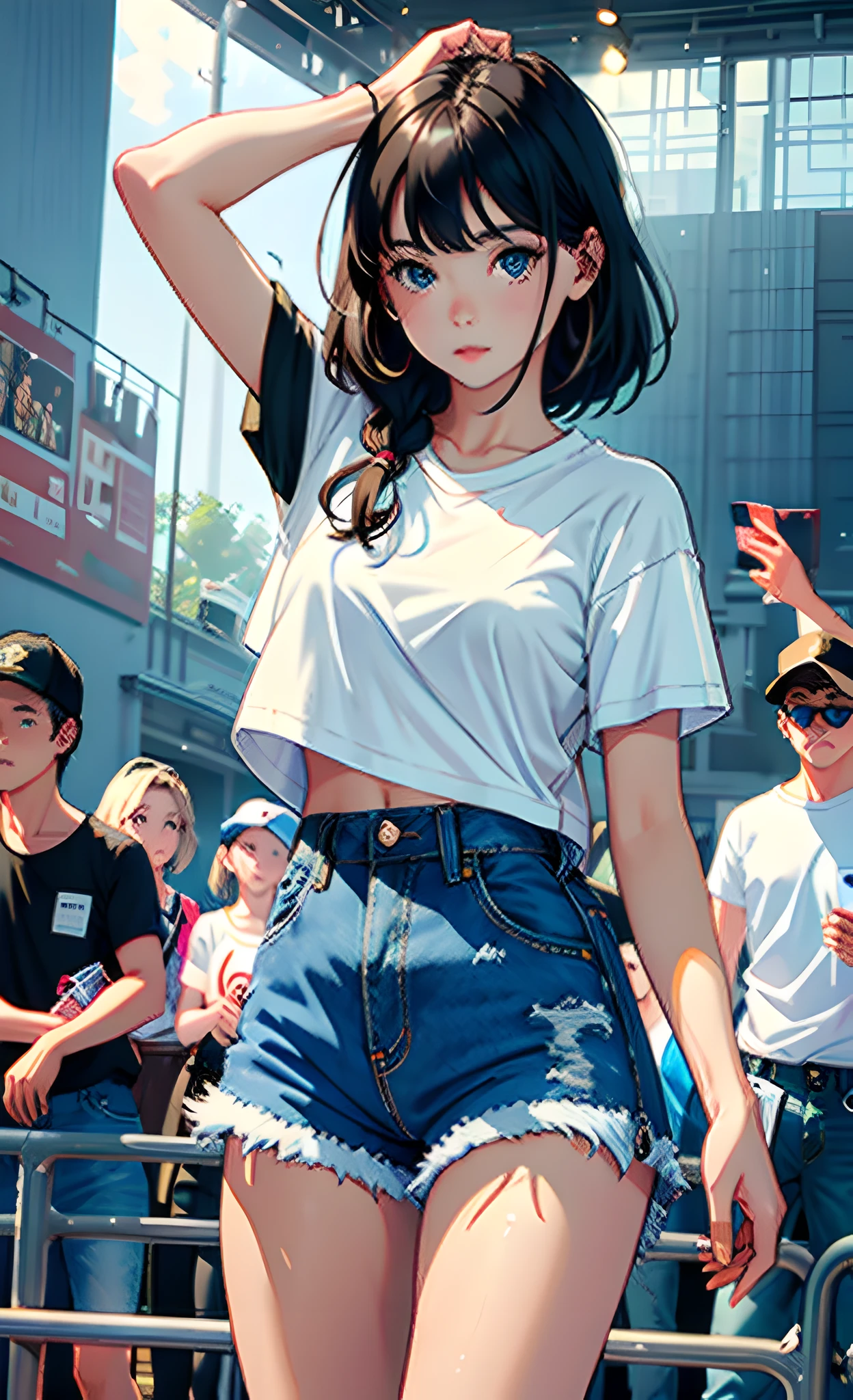 (Best Quality, Masterpiece), 1 Girl, Looking at the Audience, White T-shirt, denim shorts