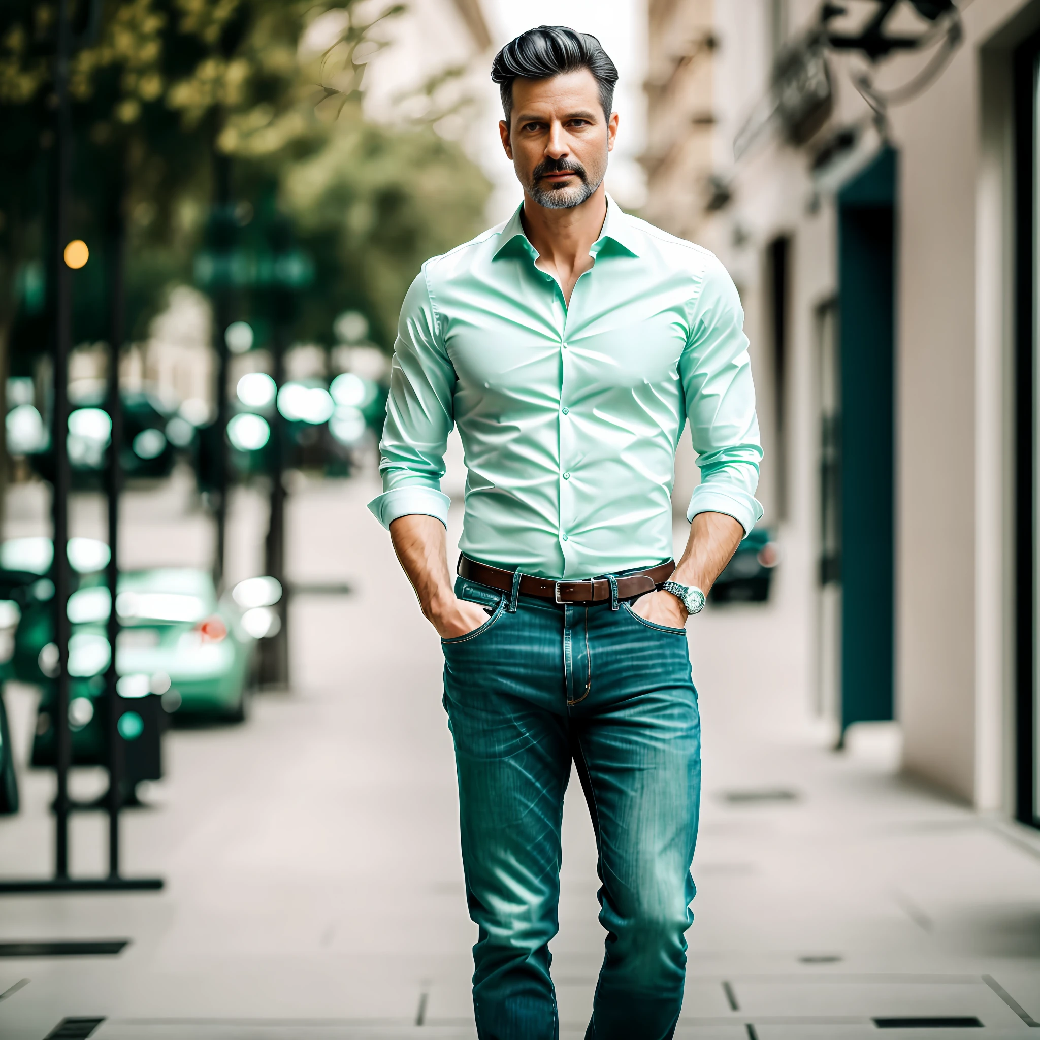 RAW photo of an elegant man, 40 years old, European, light green eyes, black hair blurred background, full body plane, blue jeans, white shirt, looking at camera, cinematic, small details, photorealistic, ultra-realistic photo, 8k uhd, dslr, soft lighting, high quality, film grain, Fujifilm XT3, (masterpiece), --auto --s2