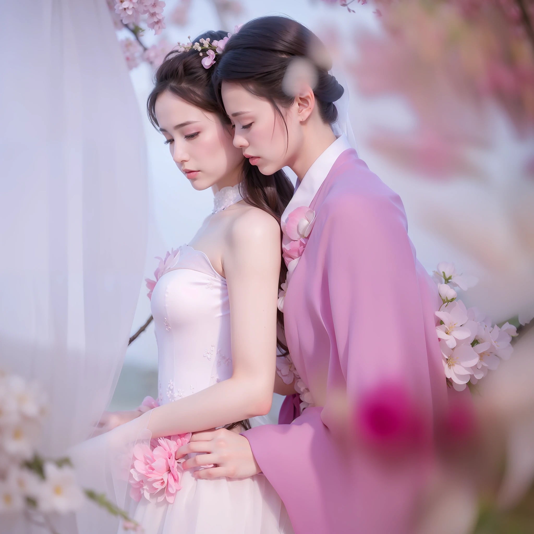best quality, ultra high res, (photorealistic:1.8), 1girl, blue_sky, blurry, blurry_background, blurry_foreground, branch, bridal_veil, bride, cherry_blossoms, chinese_clothes, curtain_grab, curtains, day, depth_of_field, flower, hanami, hanfu, lips, long_hair, outdoors, parted_lips, petals, pink_flower, pink_theme, plum_blossoms, shawl, solo, solo_focus, spring_\(season\), tree, upper_body, veil, wedding, wedding_dress, wisteria,side face,chin down