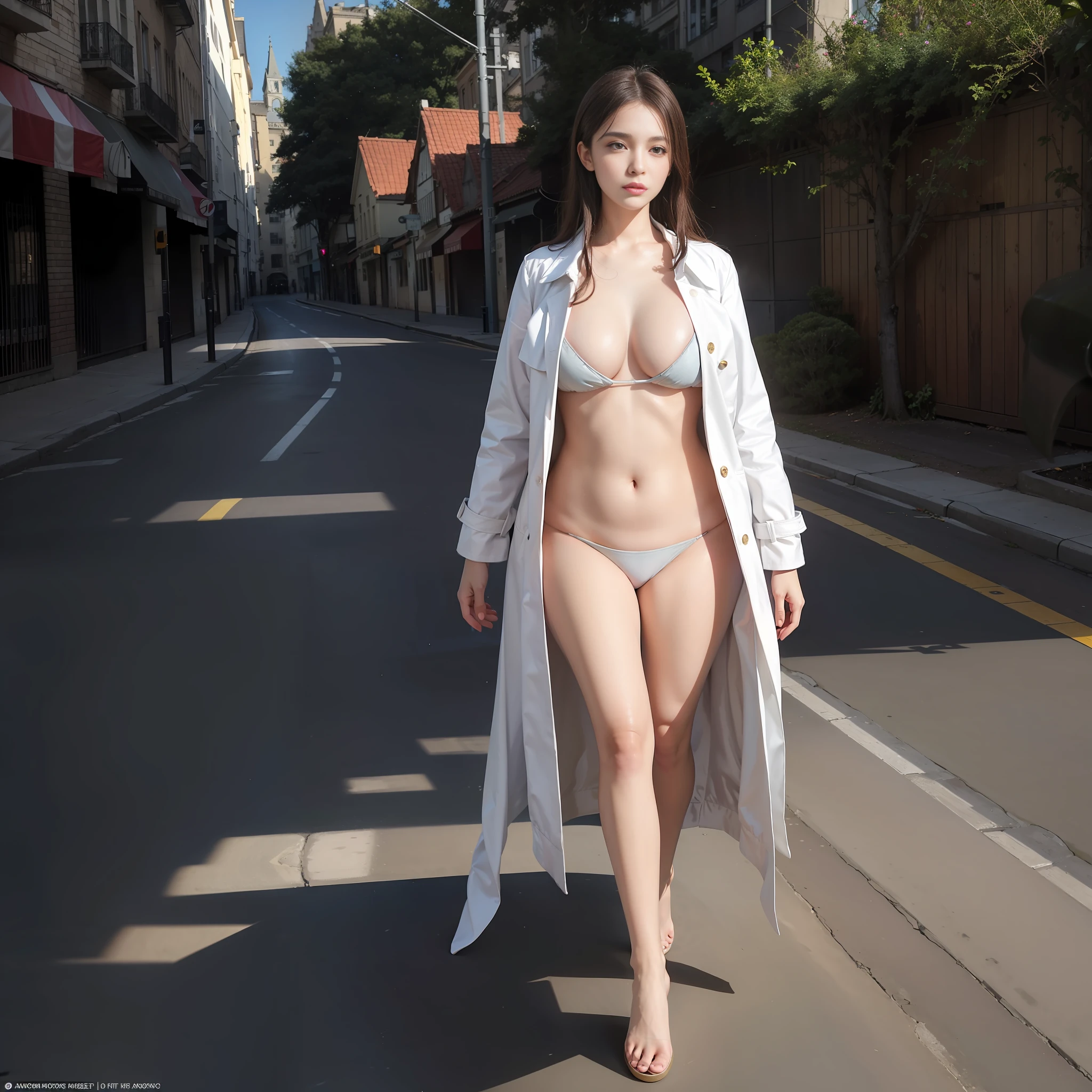 Surrealistic female portraits by David Hockney and Alphonse Mucha, fantasy art, photorealism, dynamic lighting, artstation, volumetric lighting, very detailed faces, 4k, award-winning, understated, (completely open trench coat to see nudity inside), sagging big breasts, sagging big breasts, severely sagging large breasts, full body, city streets, empty-handed, standing dynamic pose,