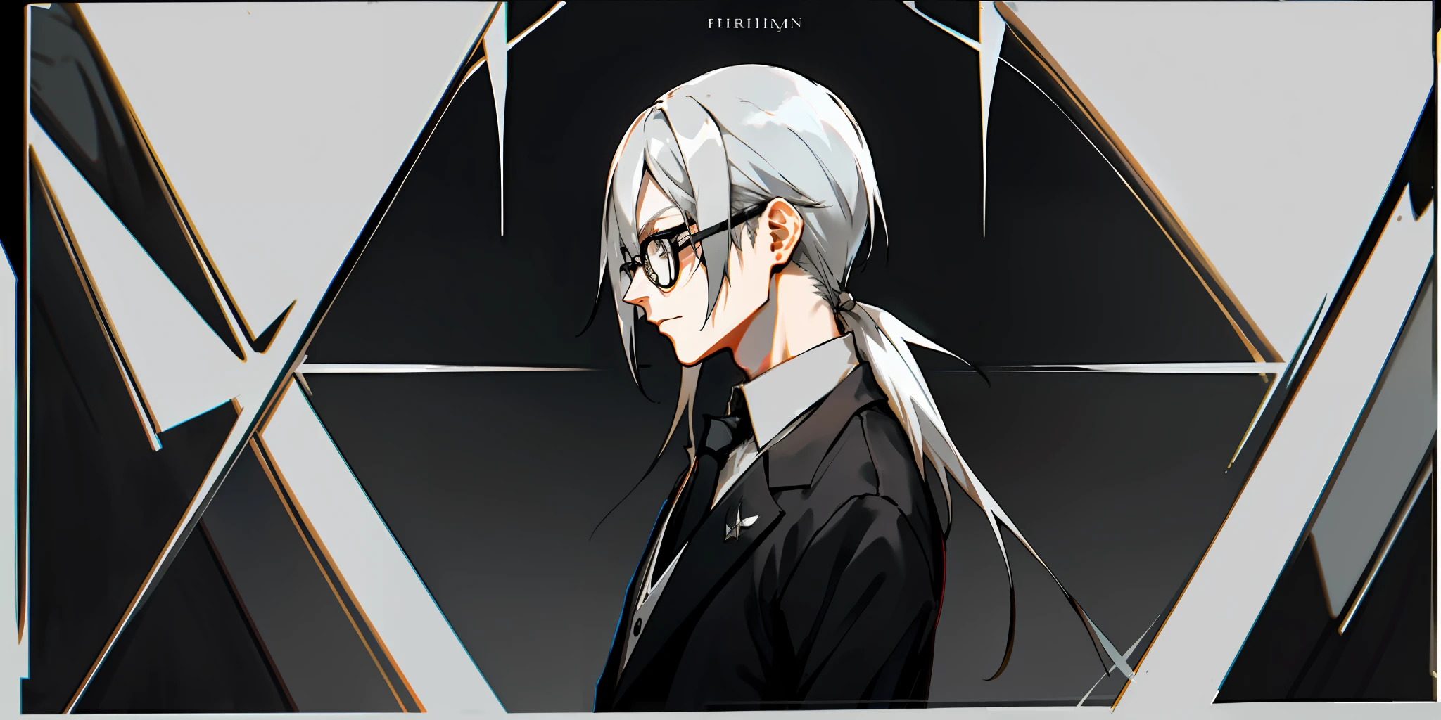 Decim (Death Parade), 1 man, 30-year-old,black bristle, man wearing glasses, closeup face, profile picture, portret, dresses in a formal and restrained style, a black jacket,white shirt, a professional look, Long white-ash hair, silver color, Hair Length: hair is typically style,