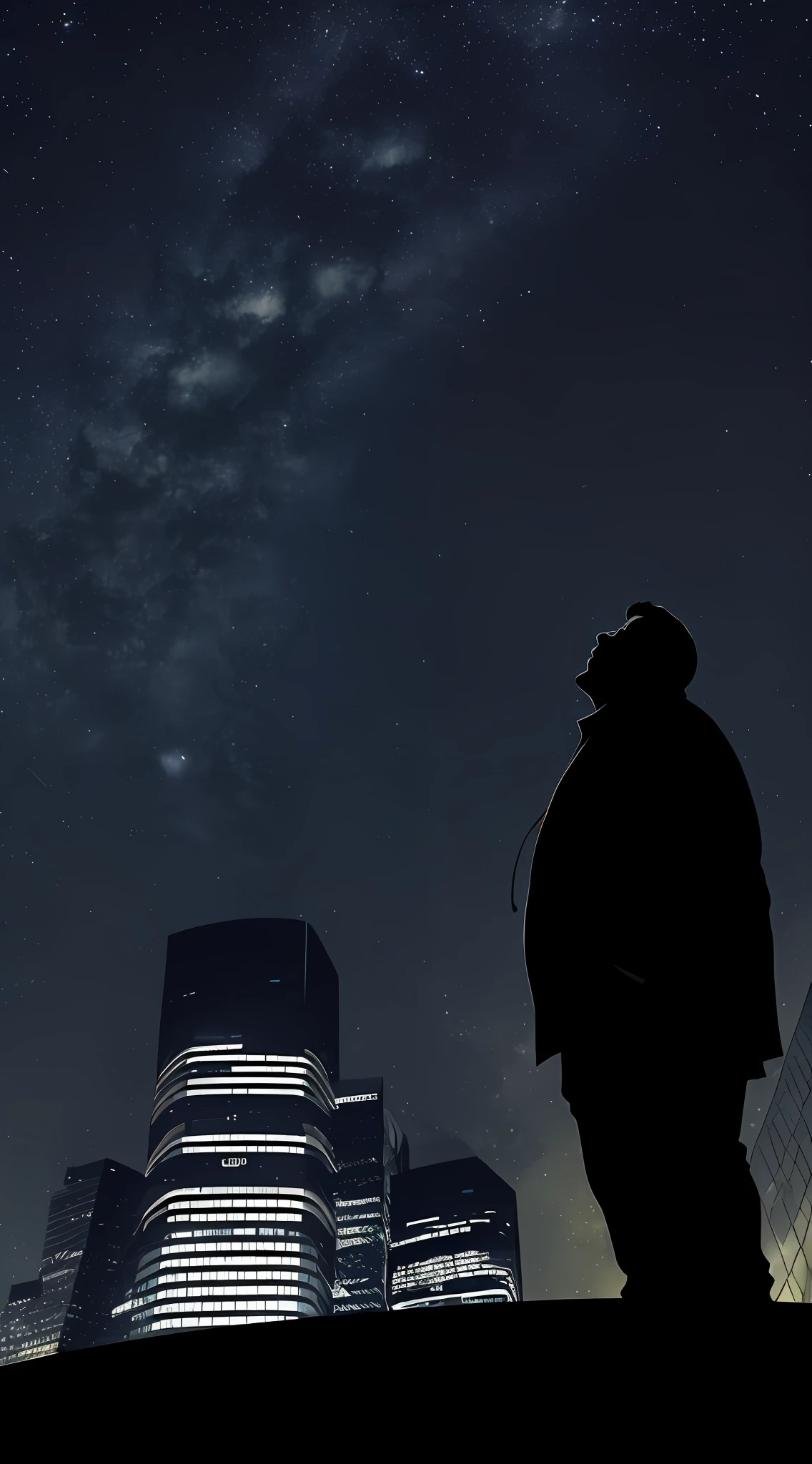 A silhouette of an overweight man, standing atop a tall building, looking up at the night sky and the city lights. (perspective: looking up, mood: contemplative, setting: urban night cityscape, weather: clear night sky)