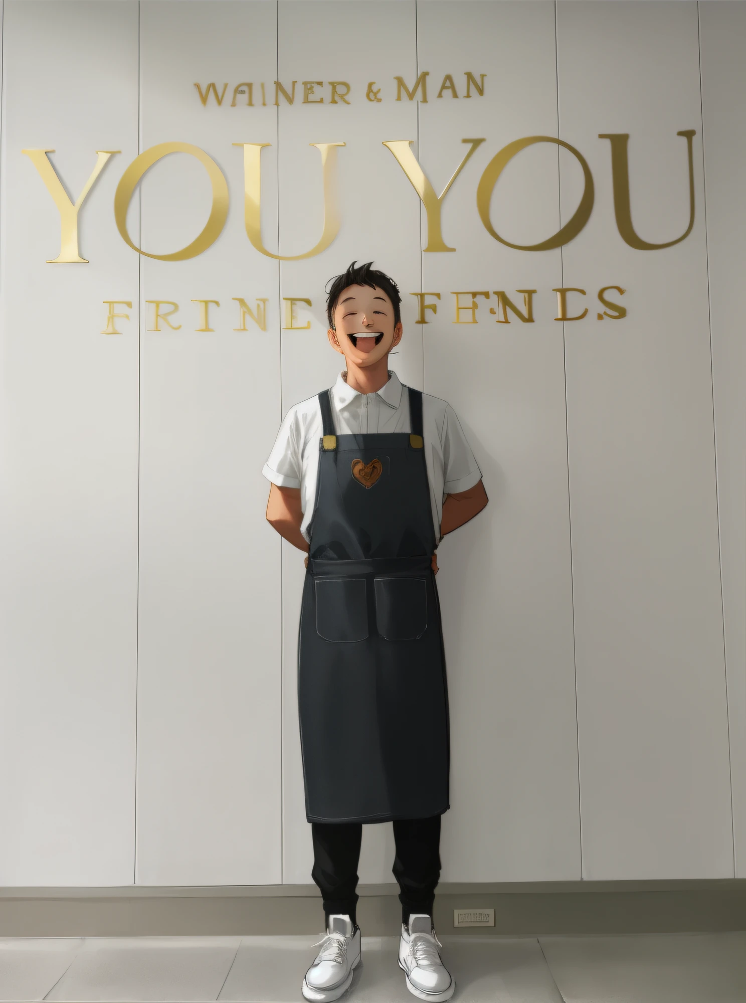 The Arafeld man stood in front of a sign that read Friends and wore an apron. Laughter, optimism, sunshine