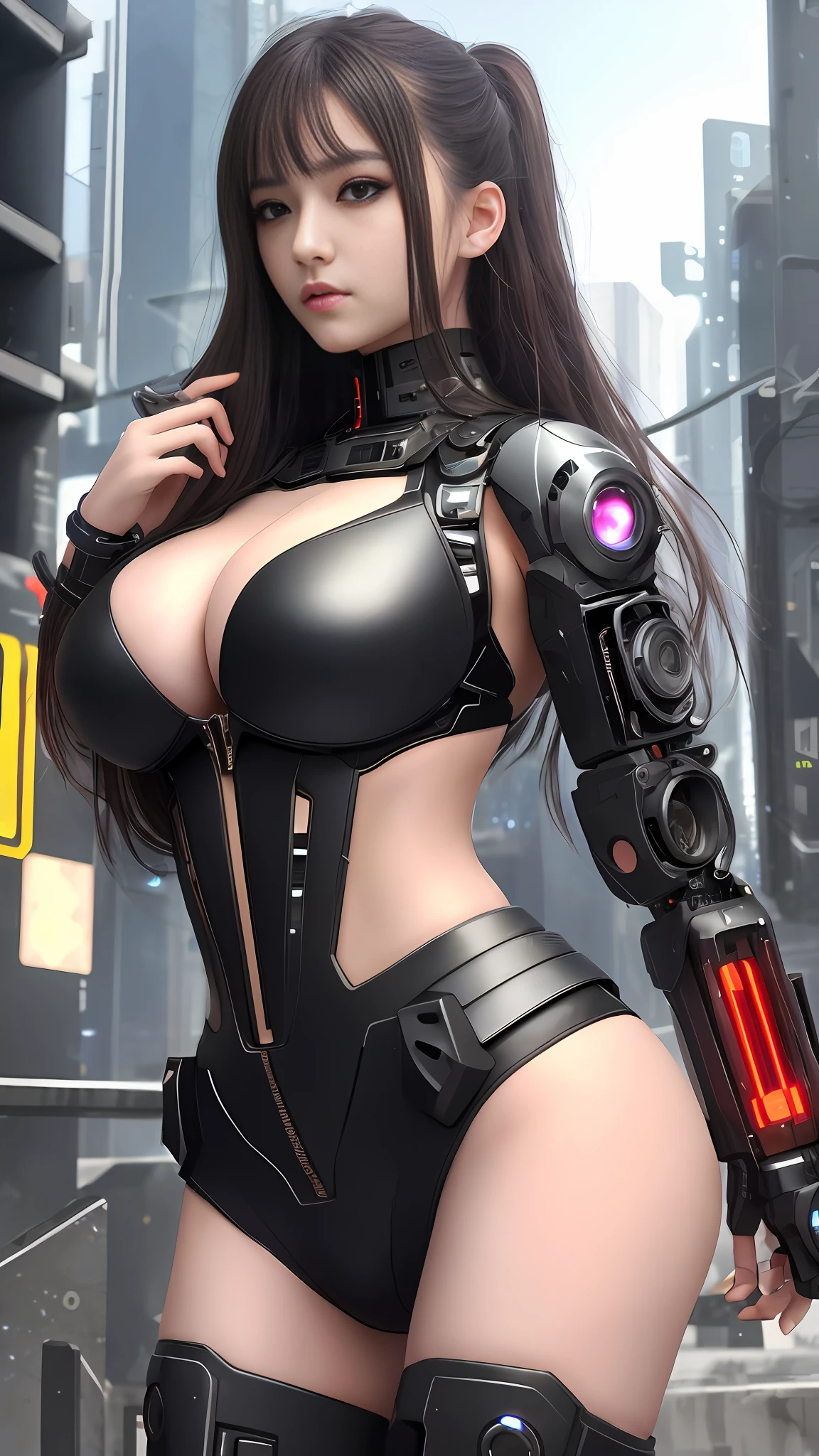 (8k, masterpiece, best quality), ultra-detailed, detailed beautiful round eyes, beautifully detailed face, high quality, high resolution, cyberpunk girl, huge breast, mecha, ruins, perfect ???????, straight long hair, perfect ???????, perfect face
