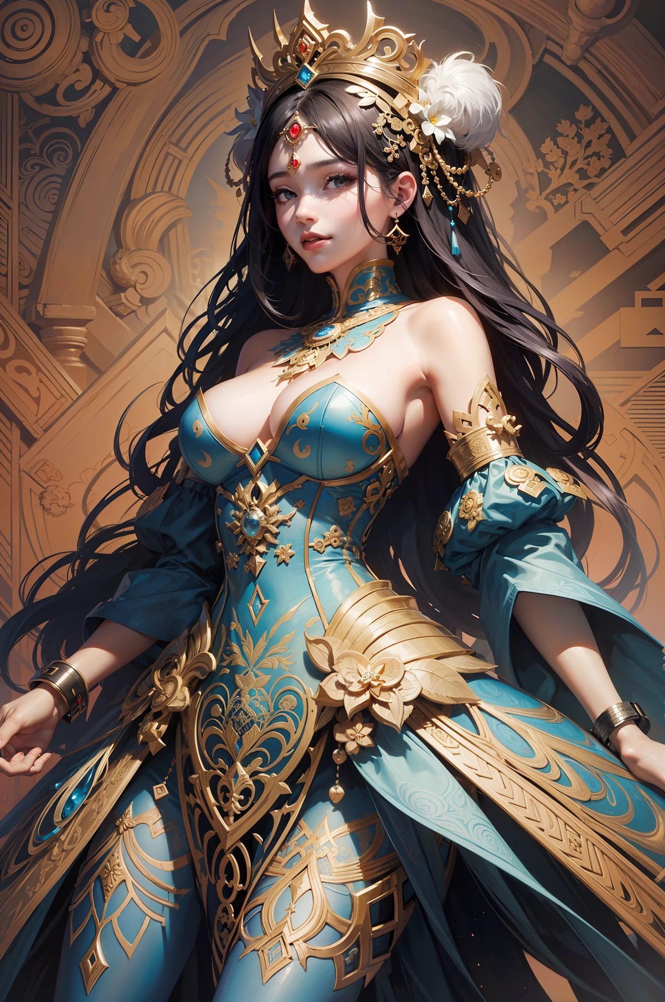 Official Art, Unity 8K Wallpaper, Special Detail, Beautiful and Beautiful, Masterpiece, Best Quality, (Zentangle, Mandala, Tangle, Entangle), (Fractal Art:1.3) , 1girl, Smile, (Long Hair:1.31), Single, Upper Body, ((Princess Dress)), Very detailed, (dynamic posture), The most beautiful styles of chaos, elegant, brutal design, bright colors, romance, by James Jean, Roby Dwi Antono, Ross Tran, pov, six pack, sexy, Best quality --auto --s2