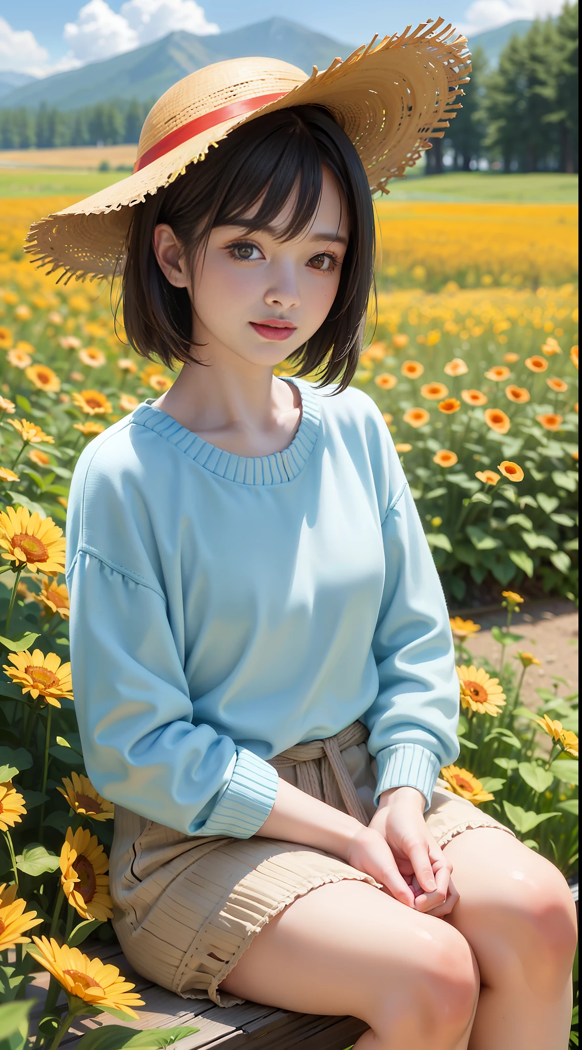 (masterpiece:1.5, best quality:1.5), (hyper realistic:1.5), (photo realistic:1.5), (real picture, intricate details), looking at viewer, (8k wallpaper:1.5) (knee to head): 1.15), (face detail: 1.5), ( Eye detail:1.5), (sharp photo), High detail, Ultra detail, Ultra resolution, (Strong depth of field:1.5) Style - cute and playful Positioning - Open scene background - Blue sky and white clouds main body - Yellow sweater with straw hat on head, holding furry alpaca in hand - Front view appearance - Short hair, bright eyes, rosy cheeks clothing - yellow sweater, denim strap shorts, white sneakers, Pose - Smiling sitting holding furry alpaca Details - wildflowers and tall grass in the background, Butterflies and birds flying around in the distance Effect - Warm sunlight shines on the girl, casting a soft glow Description - A cute and innocent girl sitting in open field enjoying her sun, surrounded by the beauty of nature. She wears a yellow sweater, denim strappy shorts, a straw hat and a furry alpaca. The warm sun shines on her, and the wildflowers gently sway in the breeze. Butterflies and birds flutter around her, adding to the playful atmosphere.