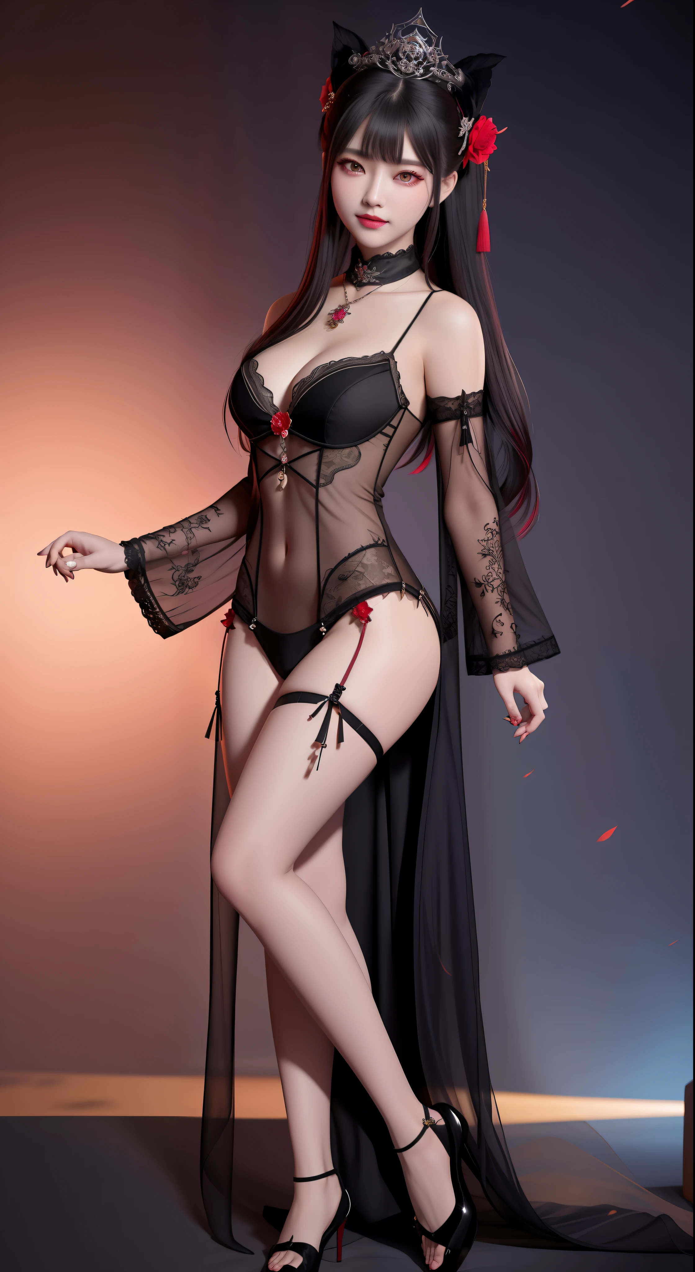 best quality, masterpiece, highres, 1girl, hanfu, white and even teeth, red irises, chinese underwear, hair ornaments, necklace, jewelry, crown jewelry. Pretty face, full body, magic import style, tyndall effect, photo realistic, dark studio, border light, two tone light, (high detail skin: 1.2), 8k uhd, dslr , soft light, high quality, volumetric light, candid, Photo , high resolution, 4k, 8k, Bokeh, (light pink lips), 1 beautiful demon from hell, In the Dark: 1.6 ), surreal full-body women by David Hockney and Alphonse Mucha, fantasy art, photorealism, dynamic lighting, station art, posters, volumetric lighting, highly detailed faces, super 8k, Awarded, in the dark, dark, low light, cowboy lens, (red phoenix shirt: 1.4), long hair, black hair, bust, palace luxury, royal style family, devil's crown, red eyes with very sharp and detailed makeup, Best face, Very round and firm breasts, Surrealism, chinese women's clothing, turtleneck lace polo shirt , charming smile, Beautiful eye makeup, guweiz, devil style, black lace stockings, mesh stockings with laces on lingerie, wearing a long thin lace nightgown with a deep red black chest cut, ponytail with bow on the back, dark red lips, Devil tattoo on shoulder, overcast and thunderous landscape, (full body), Close-up of main character, (Background detail 1.8), lace-up socks, medium-sized butt,