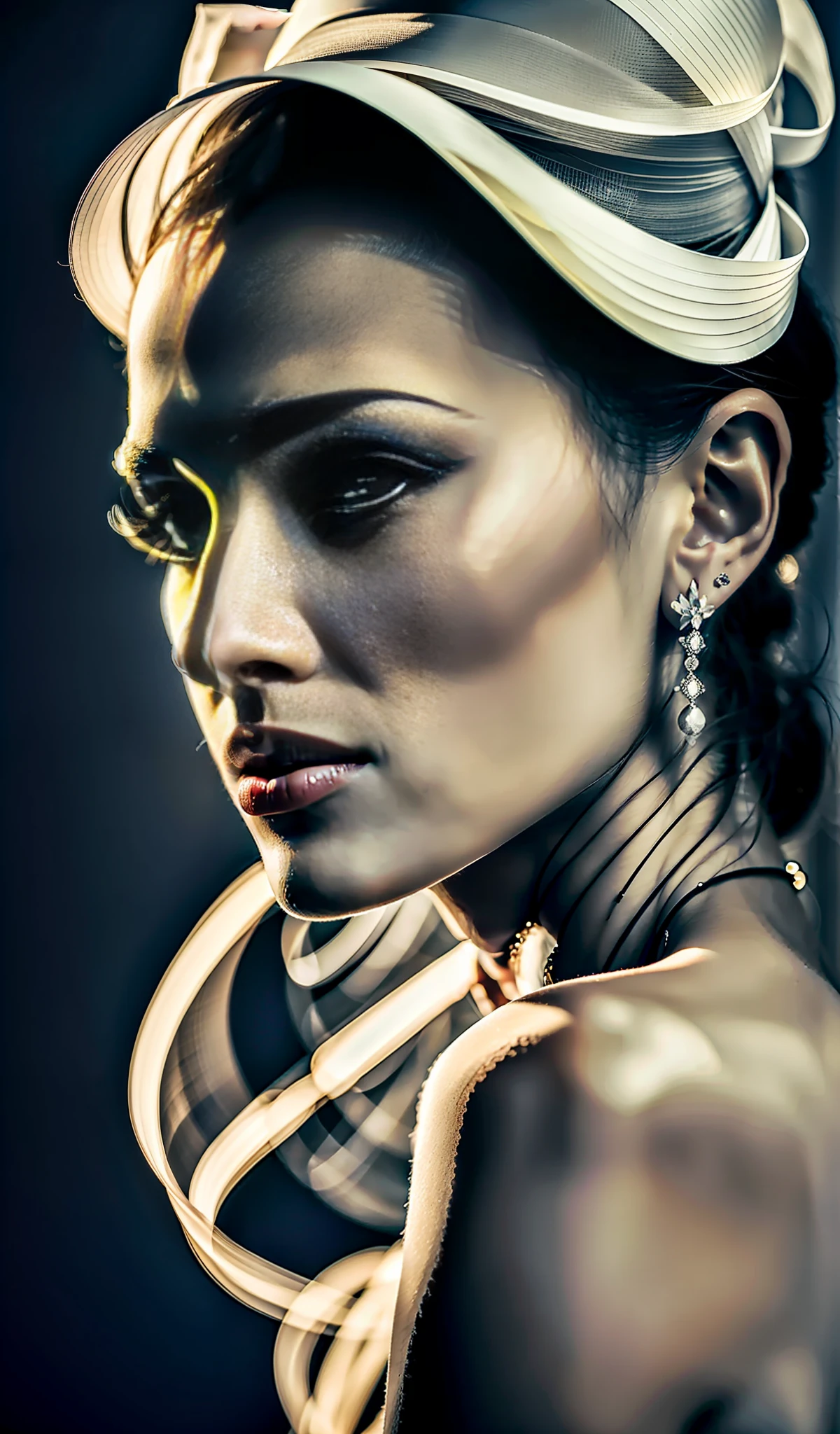 A close-up view of a Russian model's side profile, capturing her elegance and grace. The camera lens focuses on the model's refined features, emphasizing the sculpted lines of her face. The soft, diffused lighting gently caresses her skin, creating a subtle glow and enhancing her natural beauty. Her expressive eyes, framed by long lashes, convey a sense of depth and intrigue. The play of light and shadow adds depth to her profile, accentuating her flawless complexion and delicate bone structure. Photographed by Peter Lindbergh with a Leica SL2 and a portrait lens, the lighting is a combination of natural light and soft studio lighting, creating a serene and enchanting atmosphere. --ar 2:3