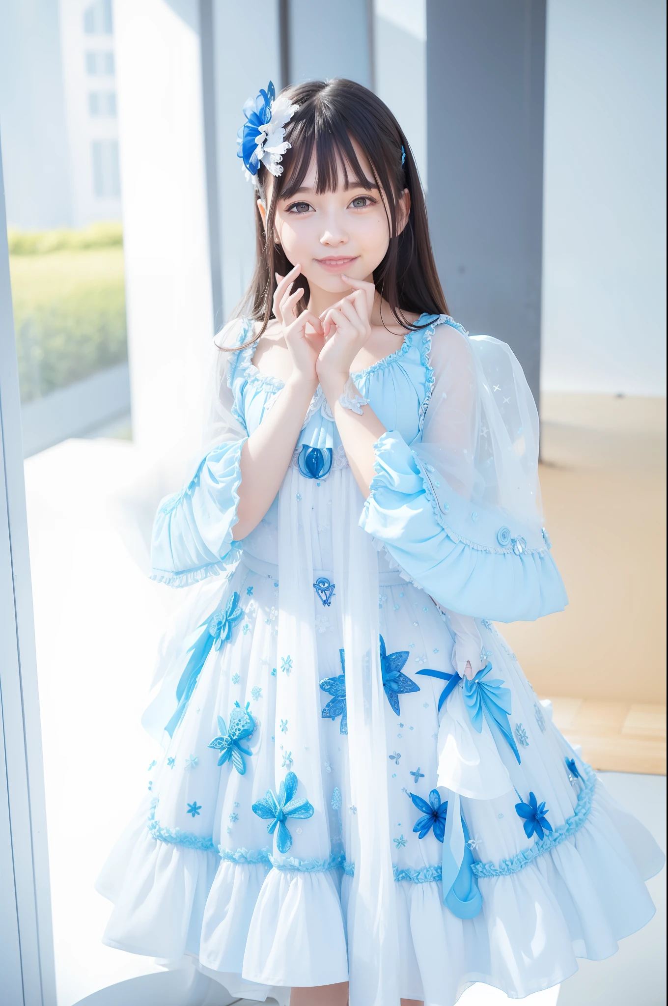 Pretty girl in blue dress posing for painting, angelic cute, magical Lolita girl portrait, Belle Delphine, full dress, jellyfish priestess, loli in dress, fairy core, fold hands, prayer pose, smile