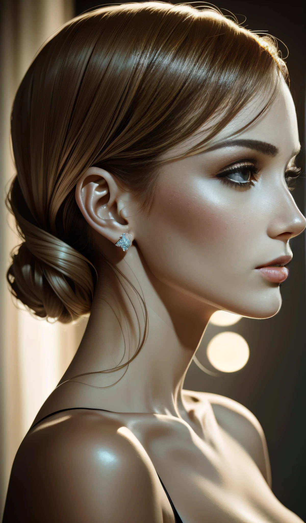 A close-up view of a Russian model's side profile, capturing her elegance and grace. The camera lens focuses on the model's refined features, emphasizing the sculpted lines of her face. The soft, diffused lighting gently caresses her skin, creating a subtle glow and enhancing her natural beauty. Her expressive eyes, framed by long lashes, convey a sense of depth and intrigue. The play of light and shadow adds depth to her profile, accentuating her flawless complexion and delicate bone structure. Photographed by Peter Lindbergh with a Leica SL2 and a portrait lens, the lighting is a combination of natural light and soft studio lighting, creating a serene and enchanting atmosphere. --ar 2:3