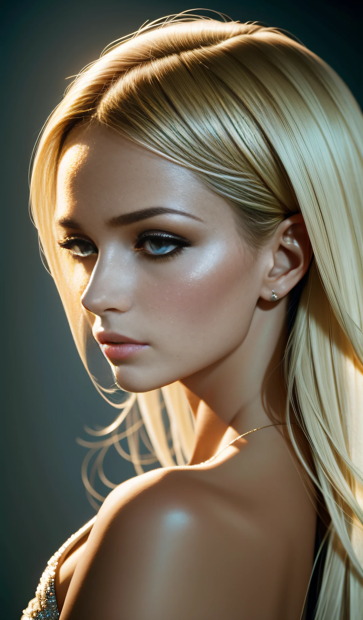 A close-up view of a Russian model's side profile, capturing her elegance and grace. The camera lens focuses on the model's refined features, emphasizing the sculpted lines of her face. The soft, diffused lighting gently caresses her skin, creating a subtle glow and enhancing her natural beauty. Her expressive eyes, framed by long lashes, convey a sense of depth and intrigue. The play of light and shadow adds depth to her profile, accentuating her flawless complexion and delicate bone structure. Photographed by Peter Lindbergh with a Leica SL2 and a portrait lens, the lighting is a combination of natural light and soft studio lighting, creating a serene and enchanting atmosphere. --ar 2:3