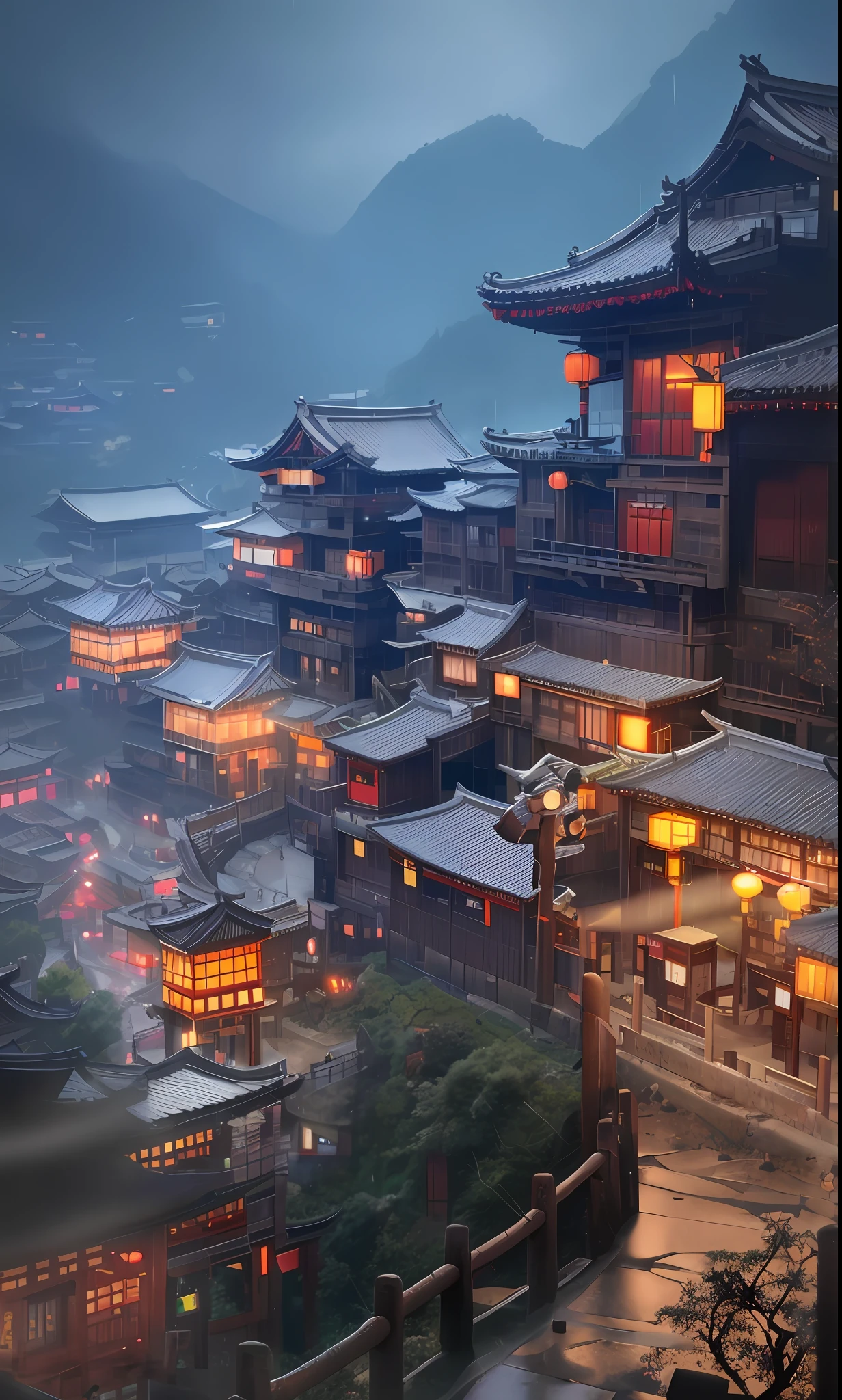 arafed view of a village with a lot of lights on the buildings, dreamy chinese town, chinese village, amazing wallpaper, japanese town, japanese village, hyper realistic photo of a town, old asian village, japanese city, by Raymond Han, rainy evening, cyberpunk chinese ancient castle, beautifully lit buildings, at evening during rain, beautiful and aesthetic, photography, cinematic, 8k, high detailed ((Heavy rain)))