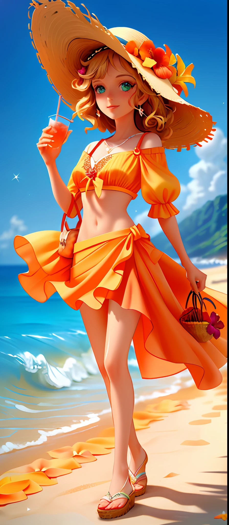 mature woman, (masterpiece:1.1), (best quality:1.1), sun hat, straw hat, with flowers, hibiscus, orange flowers, beach, [neon orange:white:0.5] theme, (gradient background:1.1), cowboy shot, green eyes, ocean waves, sparkles, cinematic lighting, beautiful, intricate, absurdres, shellfish, shells in the sand, drinking a refreshing summer colorful drink