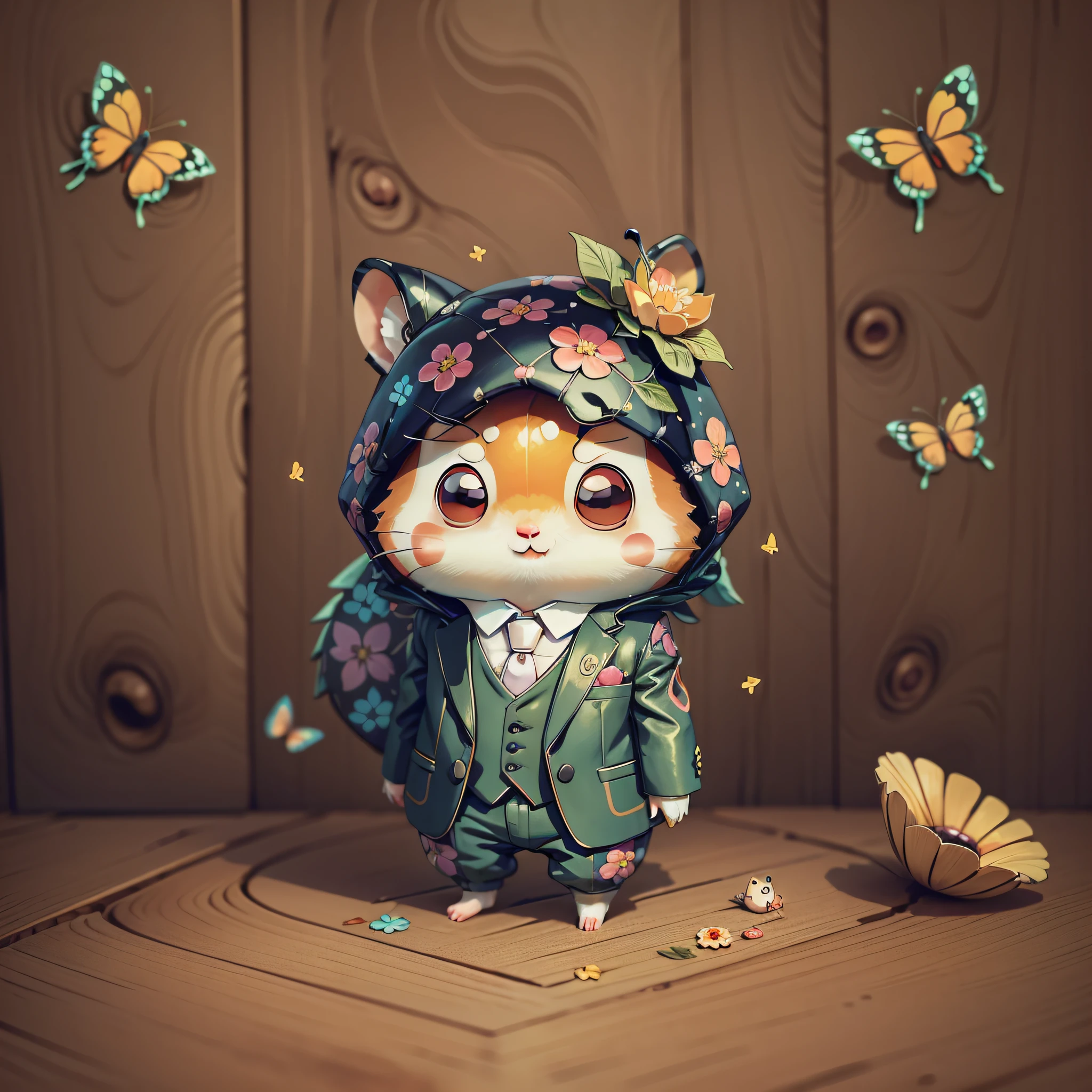 cute00d, (extremely cute),(Chibi style),(hamster with elegant suit), flower, butterflies
