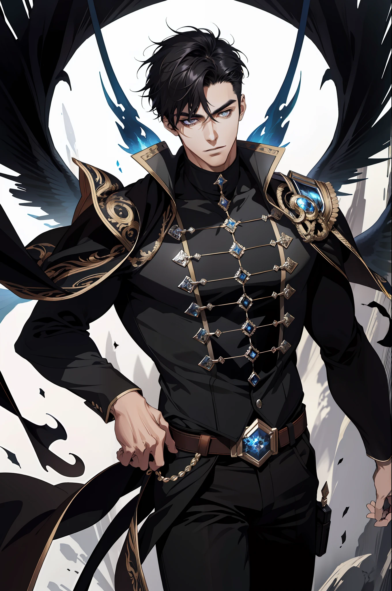 (absurd, high resolution, ultra detailed), 1 man, adult, handsome, tall and muscular boy, broad shoulders, finely detailed eyes and detailed face, short black hair, onyx color eyes, fantasy, magnificent background, shadow effect, magic effect, flame