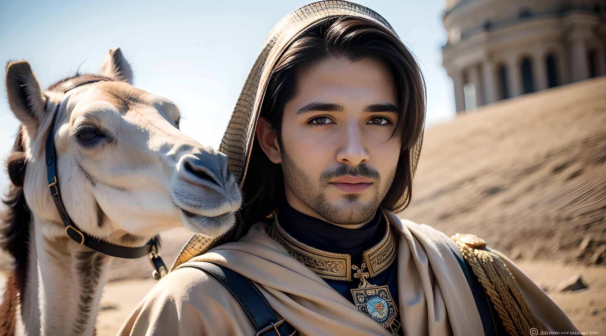 (face only), (man), handsome muscular young boy, teenager, (desert), Hamdan bin Mohammed AI maktoum, Crown Prince of Dubai, (camel), (smile), (high detail: 1 of 1), natural skin, high quality, beautiful eyes, (detailed face and eyes), (face: 1 2), noise, real photo, PSD, sharp focus, high resolution 8K, Realistic and professional photos, 8K UHD, soft lighting, high quality, film grain, FUJIFILM XT3