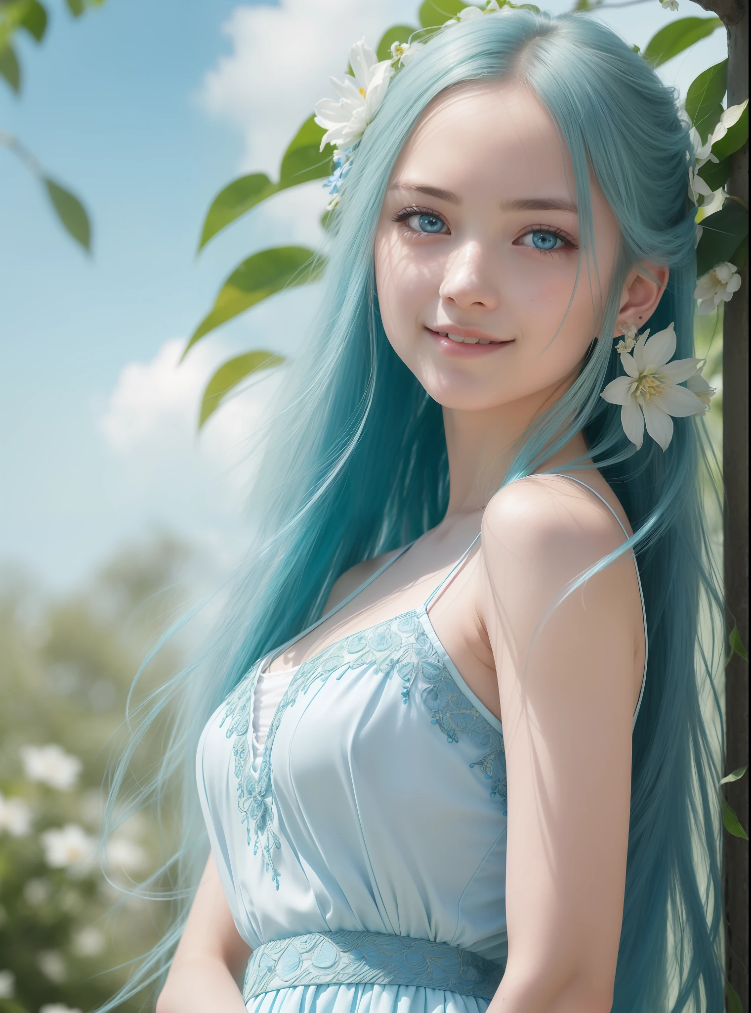 ultra realistic 8k cg, (((ultra detailed background, delicate pattern, intricate detail, highly detailed, fine details))), best quality, (photorealistic:1.4),beautiful lighting, absurdres, RAW photo, film grain, ((medium breasts, slim girl)), KozukiHiyori, 1girl, solo, hair ornament, closed mouth, hair flower, japanese clothes, makeup, kimono, lipstick, aqua hair, blue eyes, long hair, hair stick, smile, kanzashi, ((complex detailed background, blue sky, nature environment, close-up, portrait, clear face)),