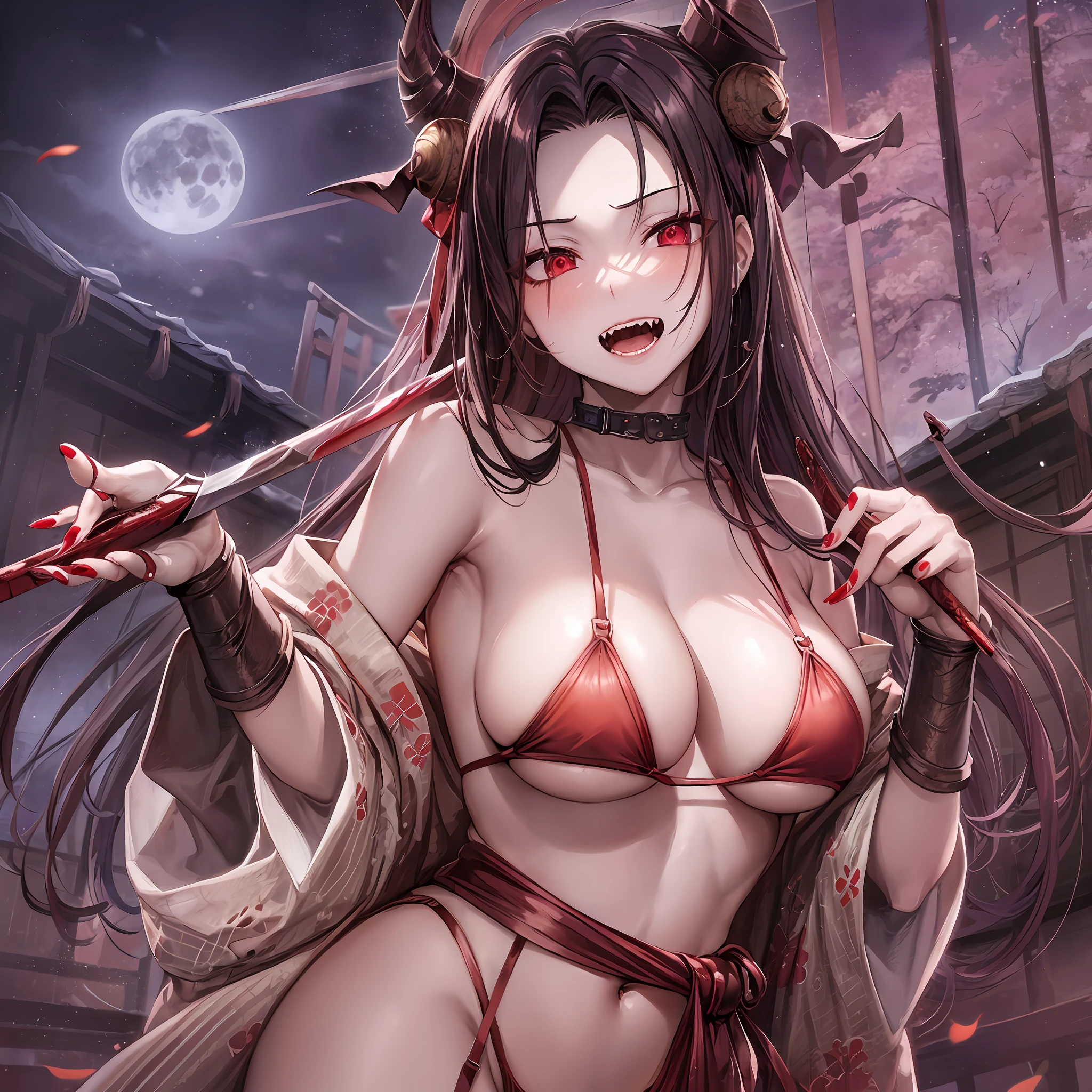 kamado nezuko, 1girl, slit pupils, sharp teeth, vampire, veins, blood, big breasts, ((aged up)), brown hair, buckle, cleavage, collarbone, big breasts, cowboy shot, dutch angle, fingernails, full moon, gradient hair, holding, holding sword, holding weapon, horns, japanese clothes, kimono, large breasts, licking, licking blood, licking hand, long hair, looking at viewer, moon, multicolored hair, night, obi, oni horns, open clothes, open kimono, orange hair, red eyes, red nails, sash, sharp fingernails, single horn, solo, standing, underwear, very long hair, weapon, white belt, ((masterpiece))