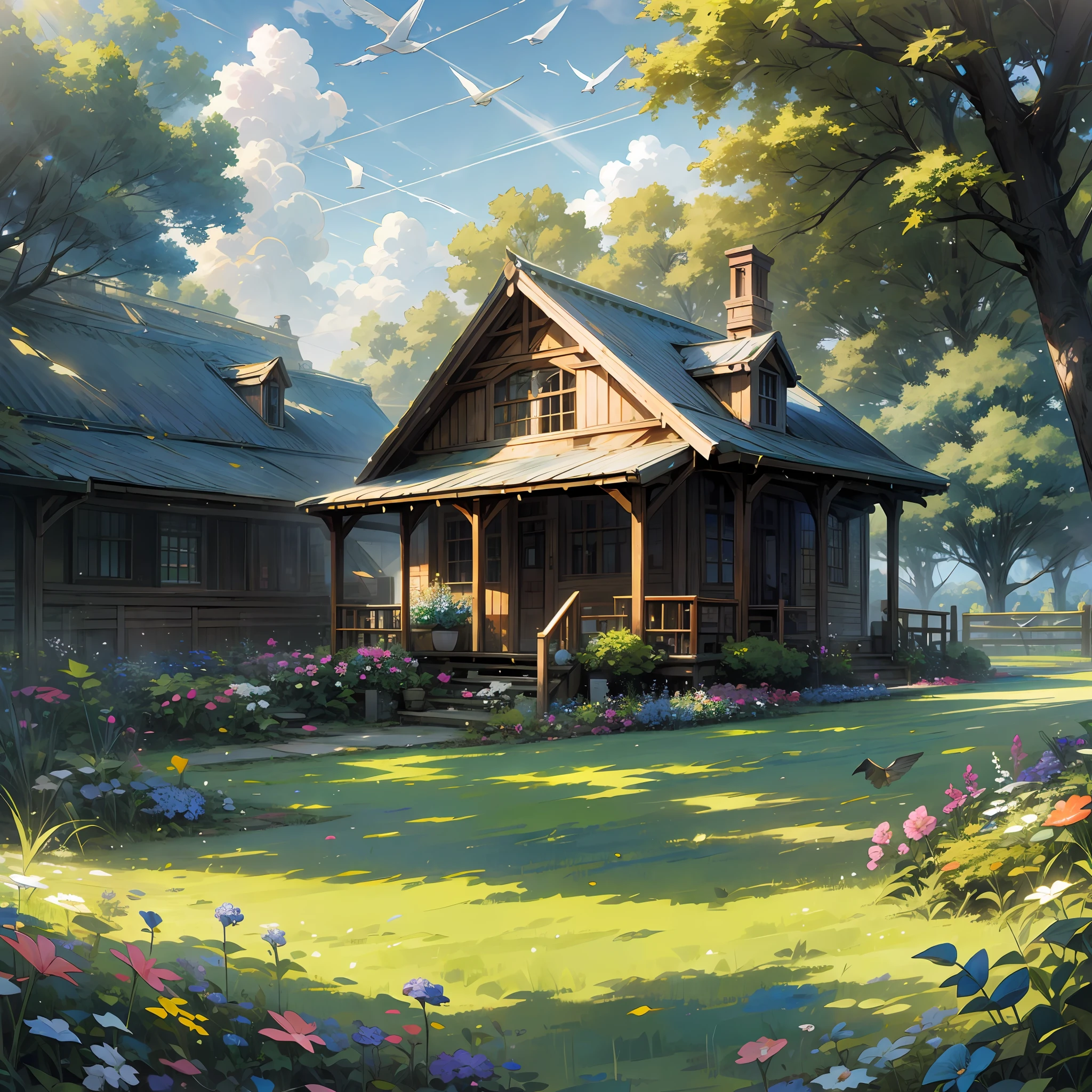 Lawn Field, Birds, Color Flowers, Blue Sky, Sun Rays --auto --s2