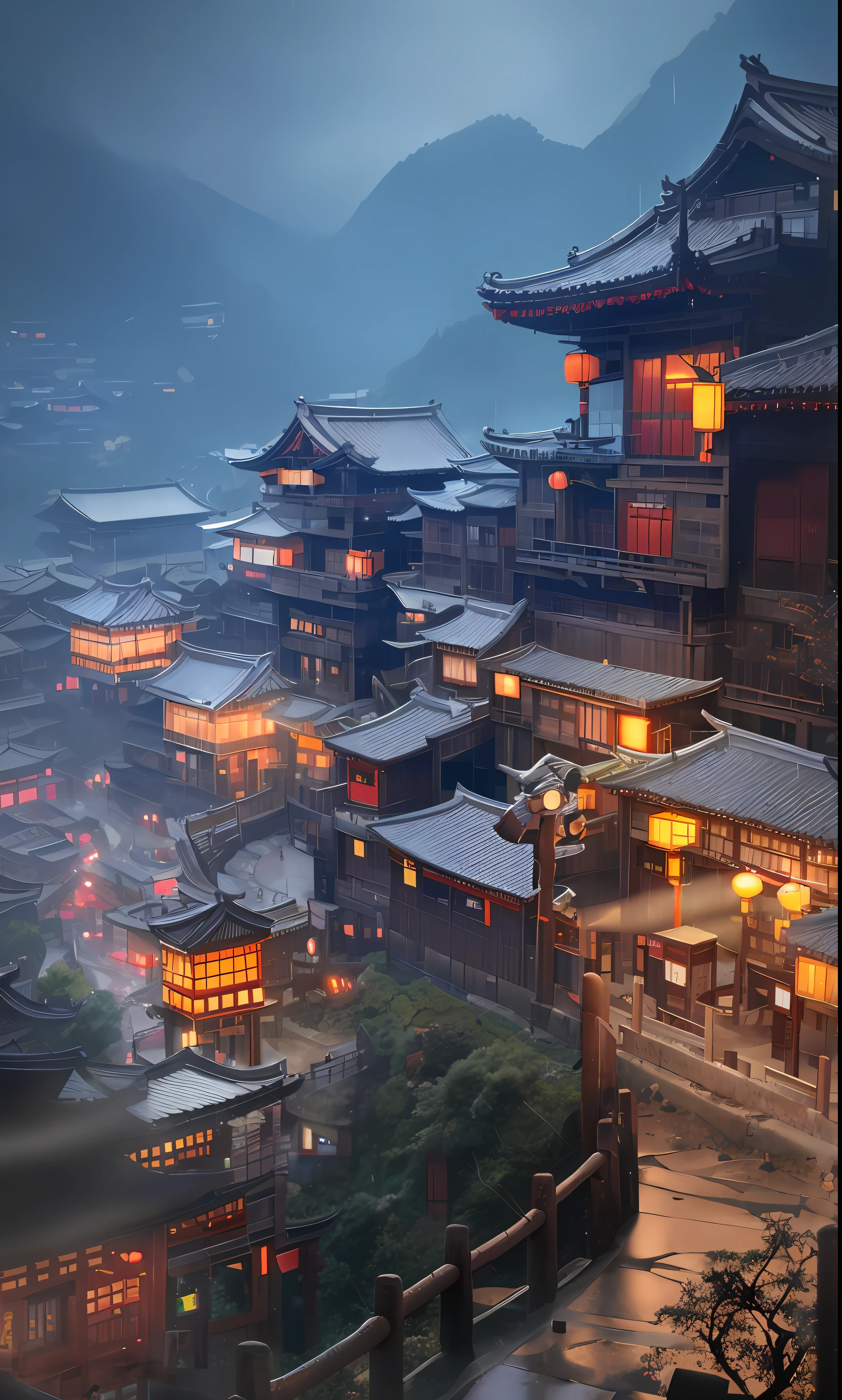 arafed view of a village with a lot of lights on the buildings, dreamy chinese town, chinese village, amazing wallpaper, japanese town, japanese village, hyper realistic photo of a town, old asian village, japanese city, by Raymond Han, rainy evening, cyberpunk chinese ancient castle, beautifully lit buildings, at evening during rain, beautiful and aesthetic, photography, cinematic, 8k, high detailed ((Heavy rain)))