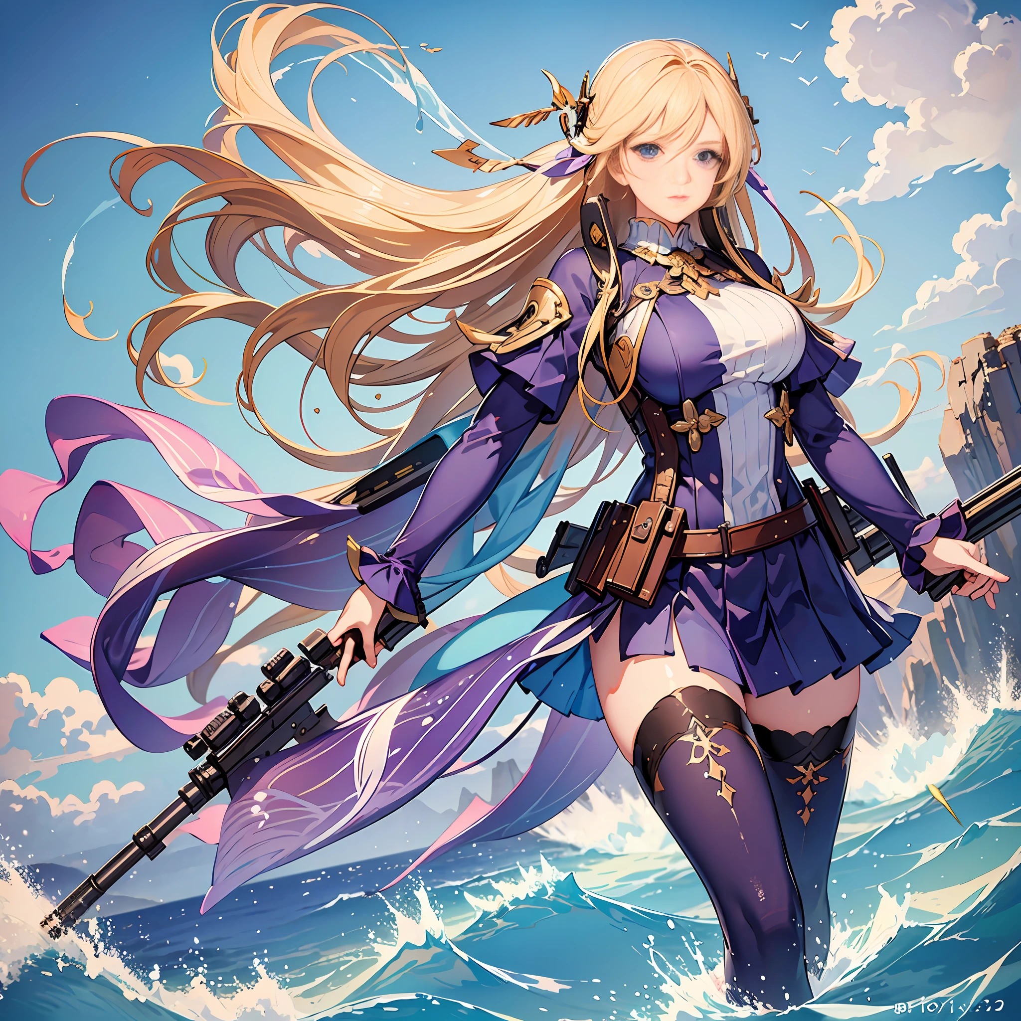 The best picture quality, light and shadow effects, high resolution, a beautiful girl floating on the sea, wearing purple tights, holding a sniper rifle in her left hand, long blonde hair blown by the wind.