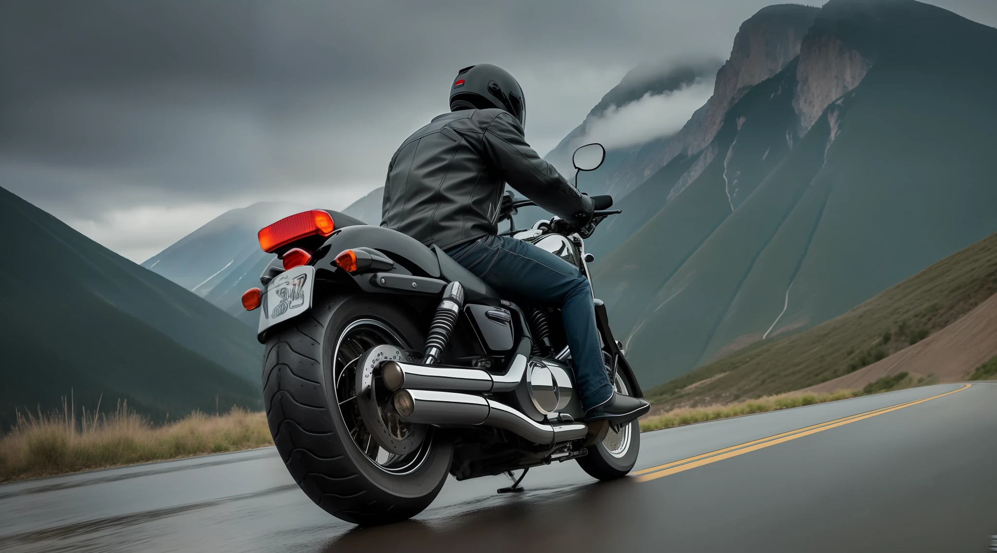 ( detailed description ) ( best quality ) a man on a motorcycle, Honda Shadow 750 motorcycle, on the road, outdoors, mountains, nature in the background, extremely high details, absurd, photorealistic, realistic, hyperdetailed, ray tracing, high resolution, sharp focus, 8k, vibrant, night, raining, rain, wet ground