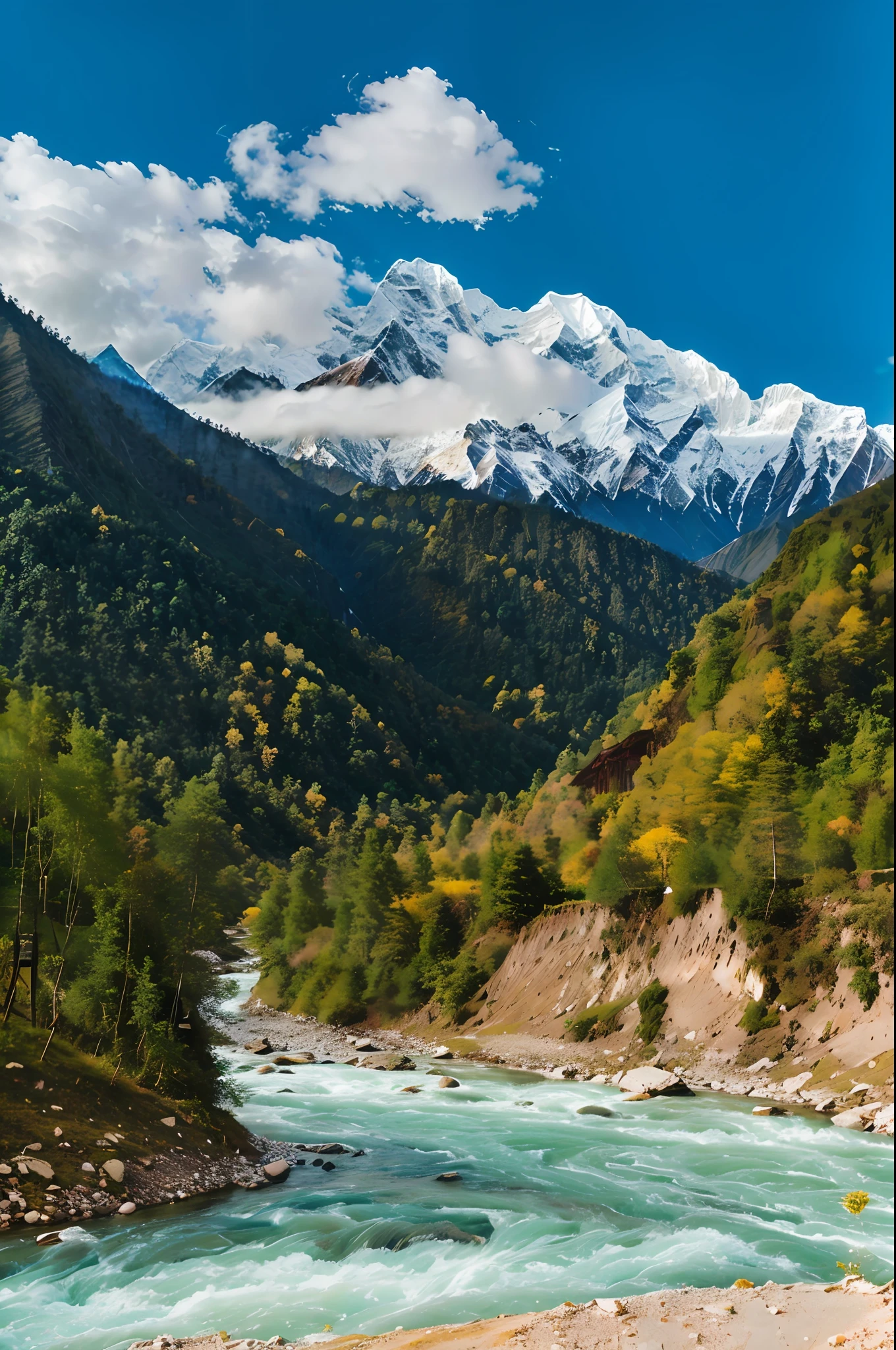 Photography, mountains and rivers in the middle of forest-filled valleys, breathtaking Himalayan landscape, mountain range river trees, Himalayas, mountains and rivers, Sichuan, Rocky mountains and rivers, majestic nature, Uttarakhand, snow-capped mountains, beautiful mountains behind, beautiful rivers, mountain environment, mountainous areas, Bhutan, dense forest below the valley, mountain peaks, masterpiece, best quality, 8K, HDR, high-rise, absurdity: 1.2, kodak portra 400, film grain, Defocus: 1.2, lens flare, (vivid color: 1.2),
