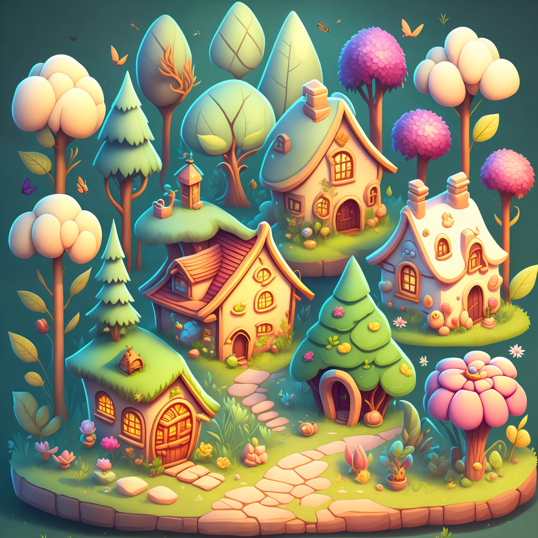 Cartoon-style houses, flowers, magic elements, mobile games, forest plants, faint magic elements, animal outlines.