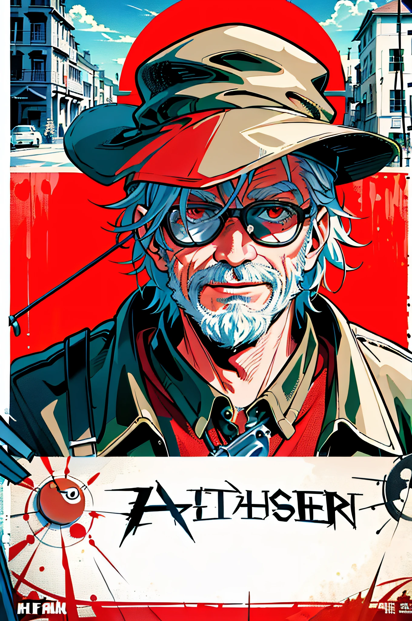(A film poster:1.44),a old Fisherman fighting with a Red fish,red fish,old man as fisherman,writing on a film poster,fisher man with fishing rod ,,,((((best quality))), (((ultra detailed))), (((masterpiece)))