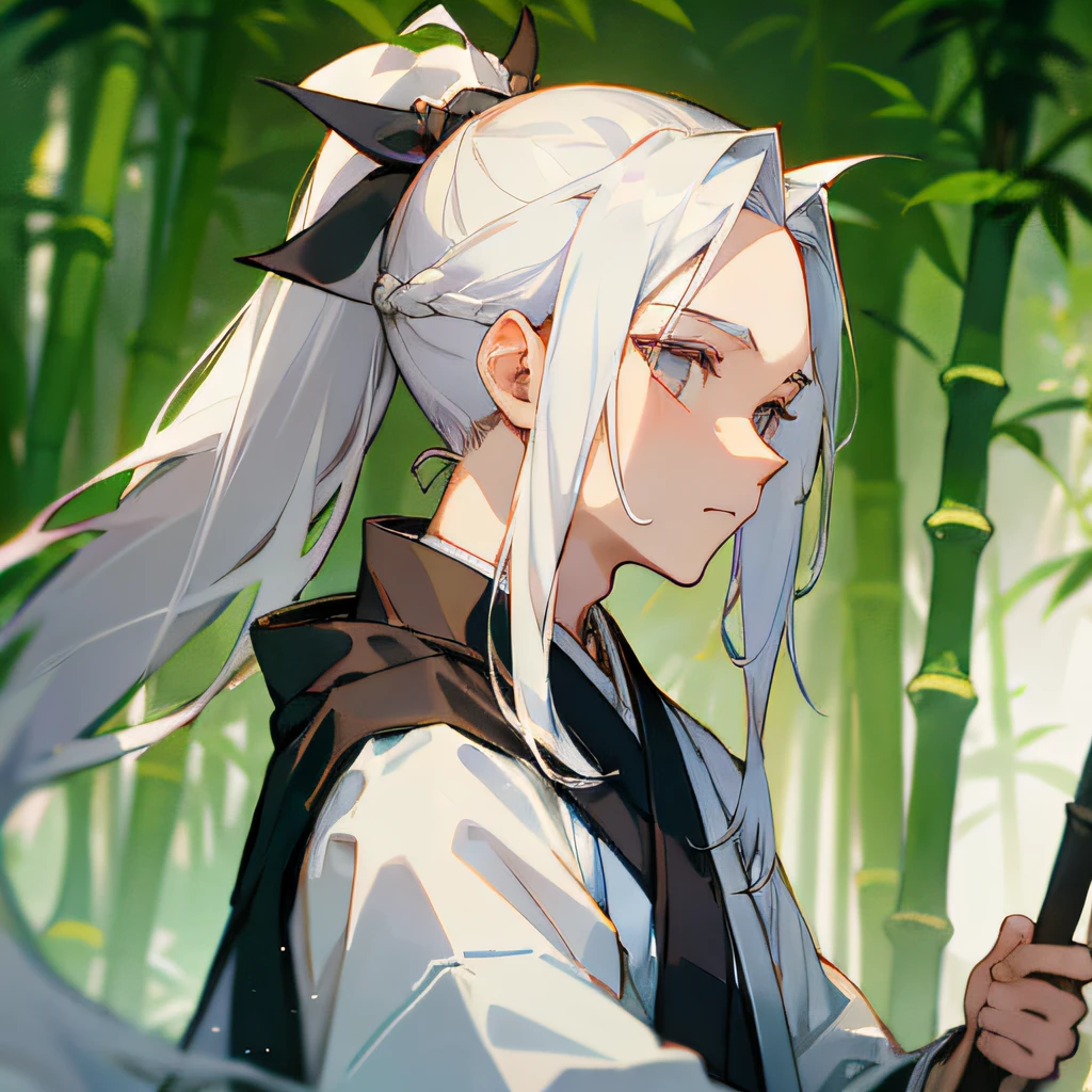 1boy, long hair, solo, White hair, Apathy, A ponytail tied above the head, Hanfu, Ancient China,
Bamboo Forest Background,
Flying Bamboo Leaves,
