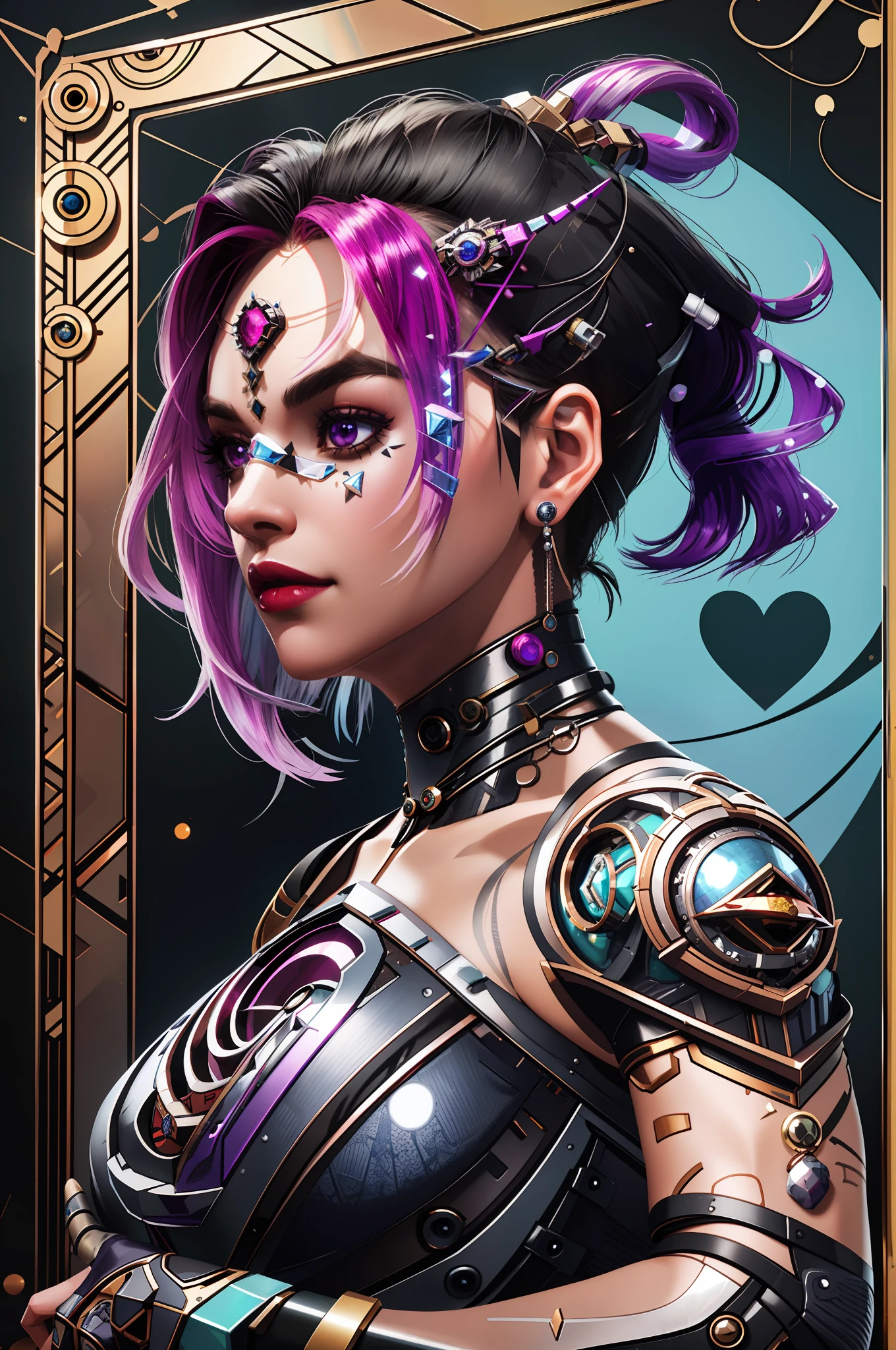 Sombra, Overwatch, sexy, large breasts, masterpiece, high quality, 3d, 8k cg, intricate details, detailed background, sacred. ornaments, byDylanKowalski,
((1girl)), upper body, muscular, skindentation, looking to the side, short hair, prosthesis, mechanical arms, synthetic skin,
porcelain, pearl, holographic, titanium, diamond, ruby, sapphire, gemstones, clockwork, grunge, worn edges, armor