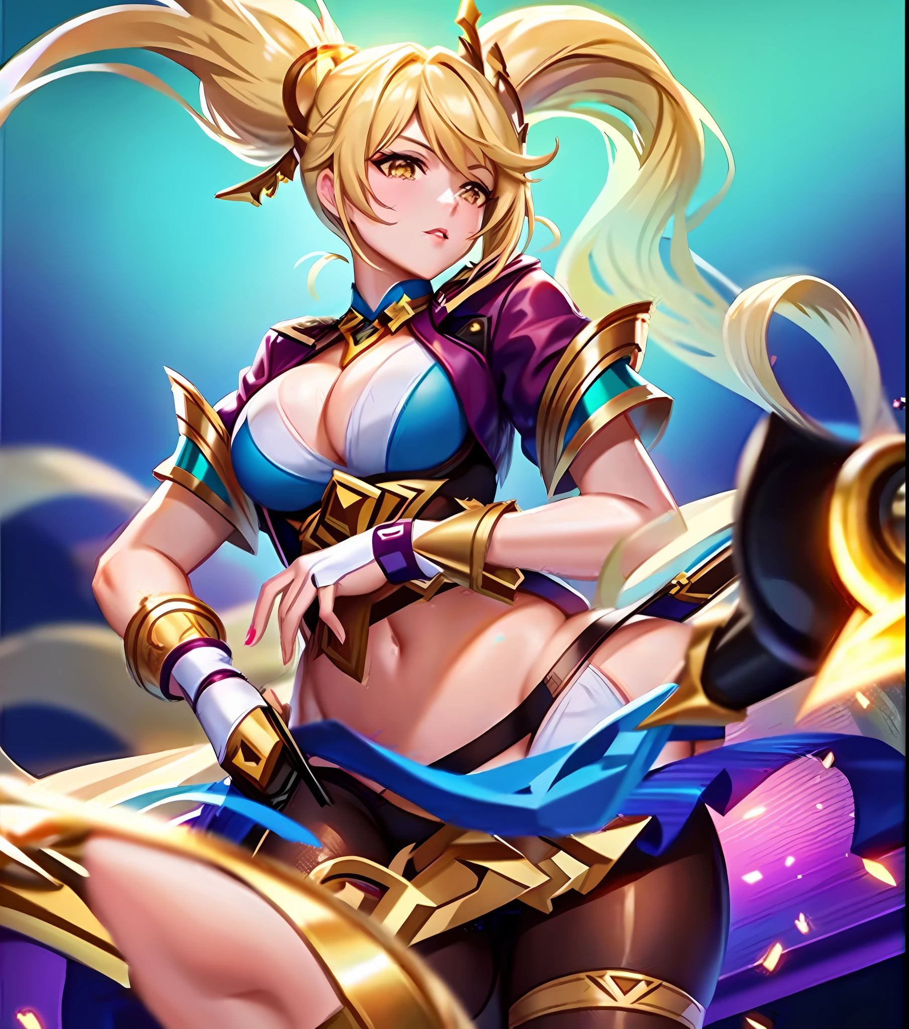 ((Layla from mobile legends: 1.5)),a close up of a woman with a gun in her hand,l,masterpiece, best quality, high quality, complex details , ((wearing lingerie in swimming pool: 1.4)), thicc thighs, huge breasts, ultra details, photorealistic,((2 ponytail: 1.4)), yellow hair, yellow eyes,CG details, super quality, UHD, glow,mom, milf, gigantic breasts