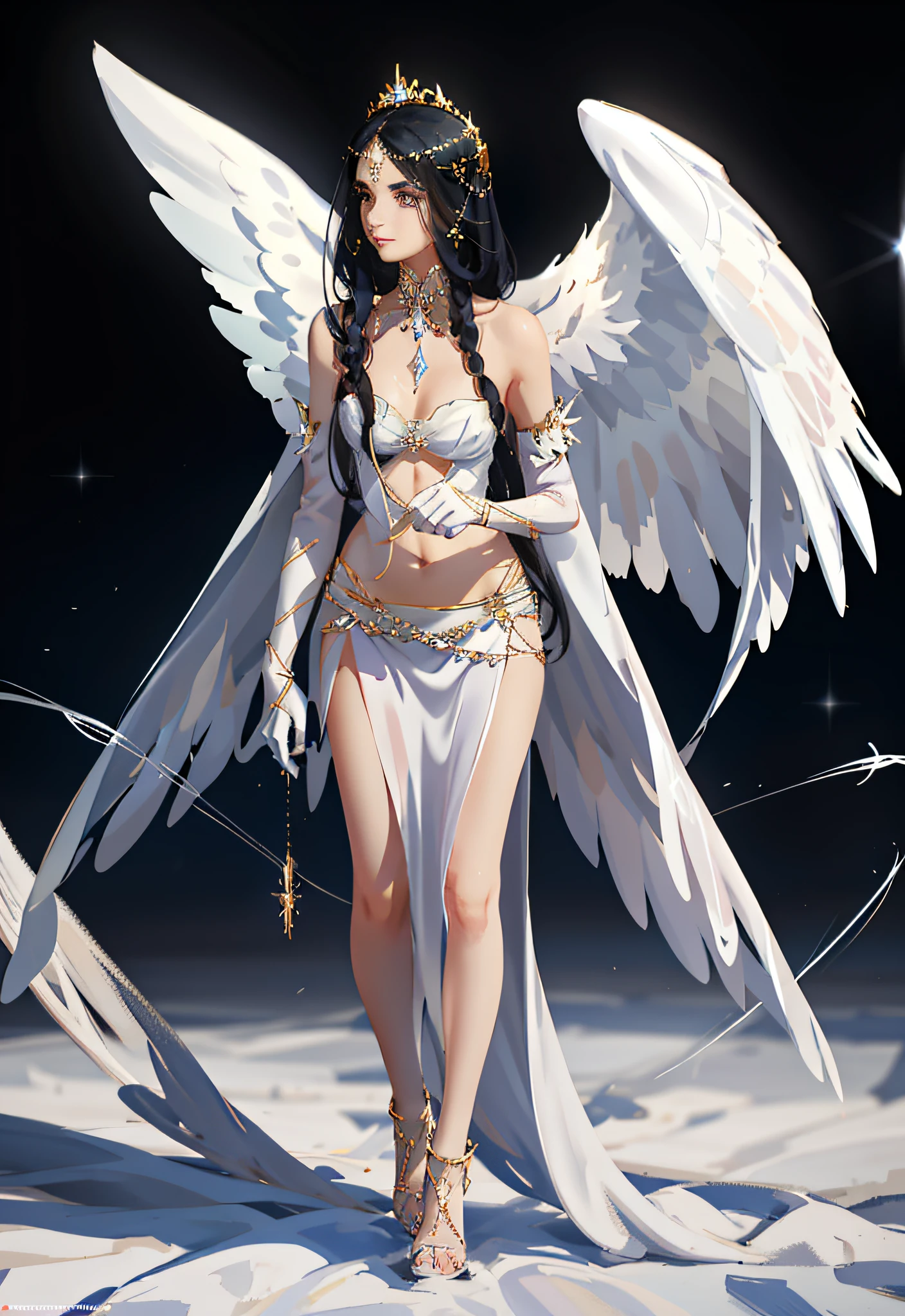 A beautiful woman dressed in white, reminiscent of a goddess. Her black hair contrasted with her skirt and ran down her waist, shimmering. Her impeccable beauty as an incomparable beauty is flawless. Her black angel wings are visible at her waist. A golden cobweb necklace adorned her neck, covering her shoulders and chest, and her slender hands wore shimmering silk gloves. The wide-angle lens captures her entire figure, making her shape complete.