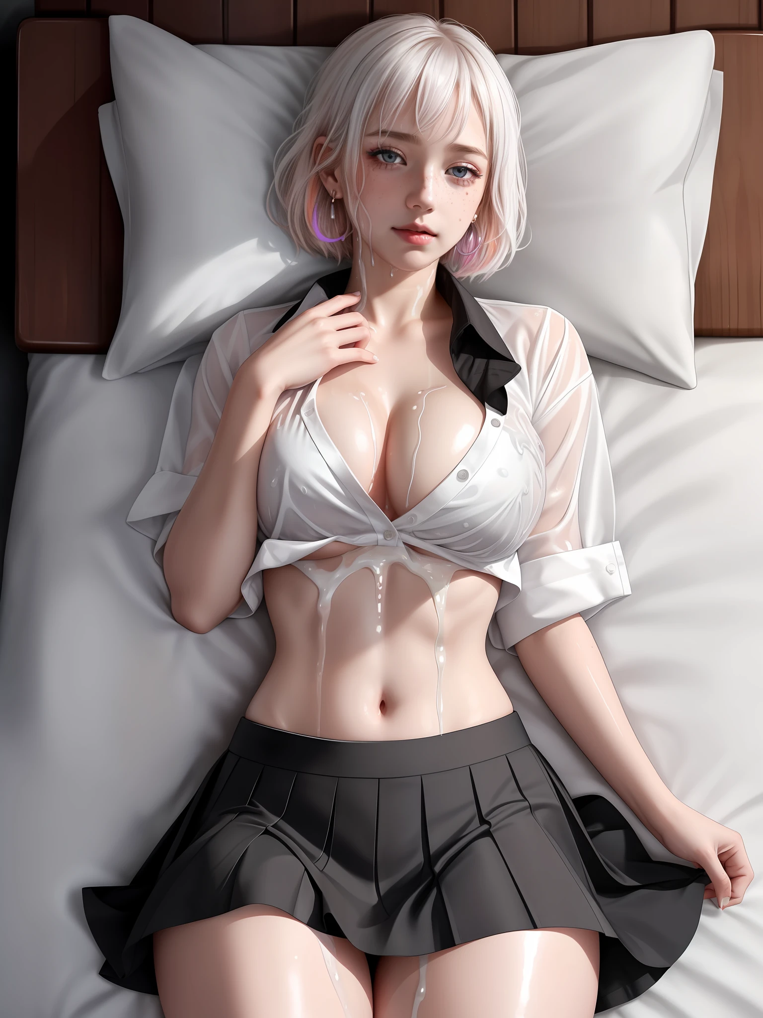 Albino, pretty girl, one girl , full body shot, detailed skin, ultra-detailed, (legs up), slim body) , large earring, thighs, (beautiful short hair),, fine collarbone, soft navel, soft midriff, soft back, angle from behind, sweaty, beautiful breasts, blush, photorealistic, realistic face, realistic eyes, small eyes, smirk (((colorful))) (((cleavage))), (freckles), (eye liner), (mascara), ((thick white liquid on body)),(thick white liquid on ass)), ((very sweaty)) ((body is dripping wet)) ((wet thighs)), ((spreading thighs)), ((((thick white liquid dripping from body)))), ((hands on thighs)) , ((school uniform)) , , (extremely detailed CG 8k wallpaper), (an extremely delicate and beautiful), (masterpiece), (best quality:1.0), (ultra highres:1.0), beautiful lighting ,perfect lightning, realistic shadows, [highres] , (girl wearing school uniform:1.4, pleated skirt, button up shirt) , (laying on stomach in  the bed) , (ass appears)