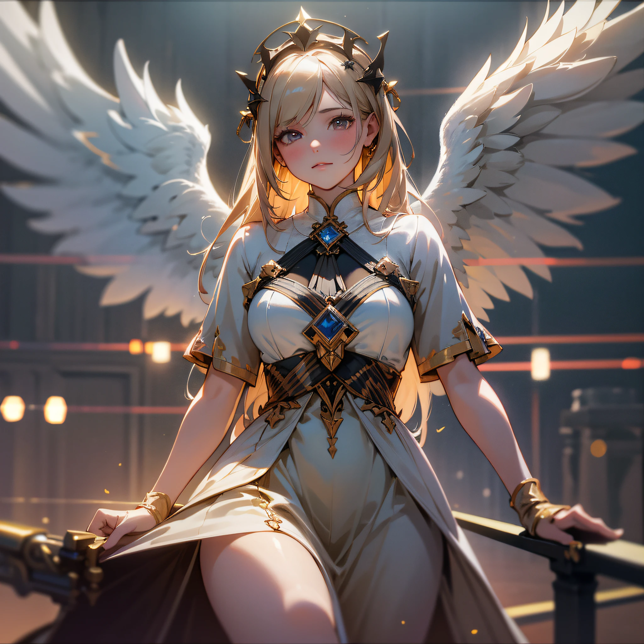 Best Quality, Masterpiece, High Resolution, 1Girl, Angel, Wings, Long Dress, Tyndall Effect, Realistic, Dark Studio, Edge Lighting, Two-tone Lighting, (High Detail Skin: 1.2), 8K UHD, DSLR, Soft Light, High Quality, Volumetric Light, Voyeur, Photo, High Resolution, 4K, 8K, Bokeh,