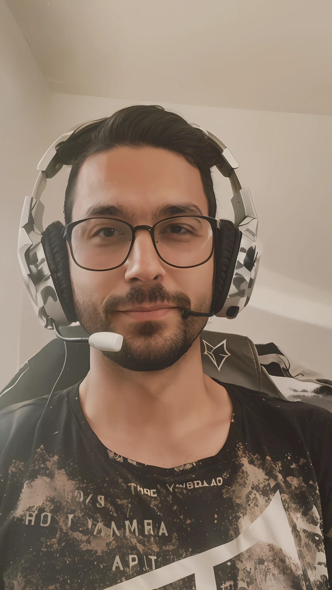 there is a man wearing a headset and a t - shirt, twitch streamer / gamer ludwig, tony khan wearing a headset, twitch streamer, headshot profile picture, wearing a gaming headset, profile picture 1024px, jody highroller, halfbody headshot, wearing gaming headset, very very low quality picture, discord profile picture, high quality portrait, wearing a headset