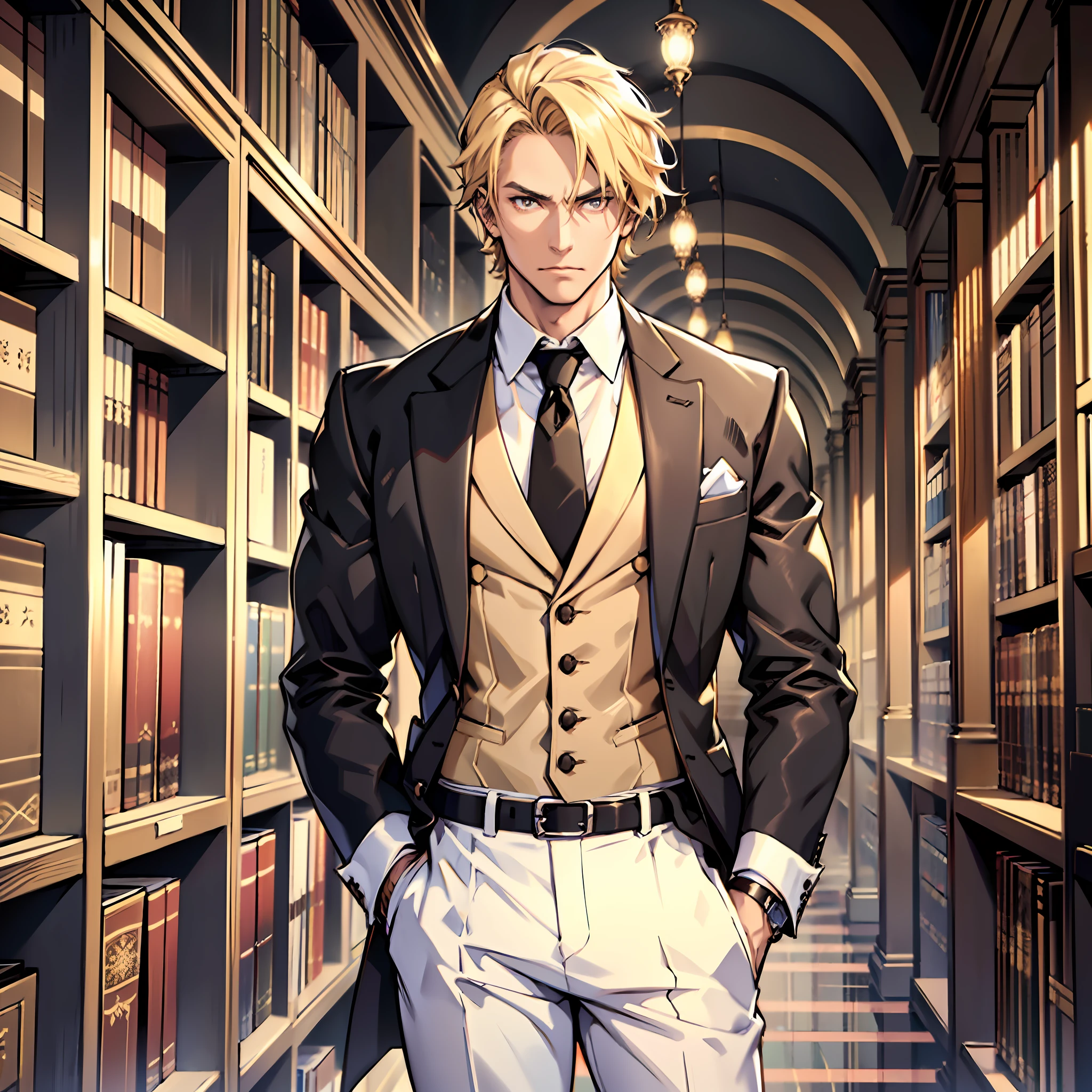 Gorgeous man, strong physique, black colored social blouse, long white pants, black colored social shoes, blonde hair parted in the middle, short hair, straight hair, brown colored eyes, slender appearance, elegant, library scenery, brown tie, indifferent look, ancient kingdom, man in his 50s.