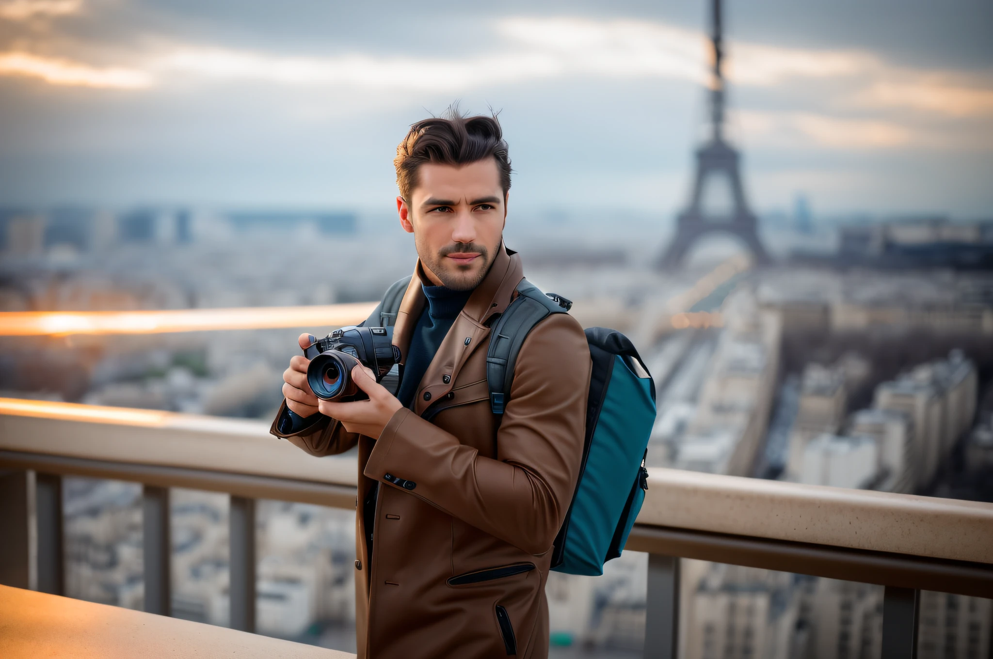 masterpiece, use the same photo as ControlNet: 1.5, use the same reference as the photo man, identical to photo: 1.5, walking on the Eiffel Tower freight, cityscape, late afternoon, well dressed, dress with top, perfect teeth, (high detail: 1.37), rough face, natural skin, high quality, nsfw, perfect brown eyes, (detailed face and eyes), (face: 1.37), noise, extra, real photo, PSD, lamp film photography, sharp focus, contrast lighting, detailed skin, high resolution 8k, crazy detail, realistic, professional photography, 8k UHD, SLR camera, soft lighting, high quality, film grain, Fujifilm XT3, cinematic rendering.