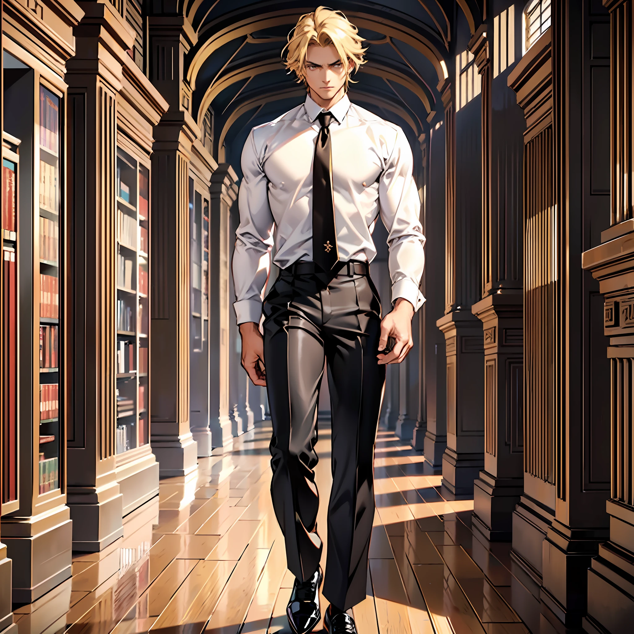 Gorgeous man, strong physique, black colored social blouse, long white pants, black colored social shoes, blonde hair parted in the middle, short hair, straight hair, brown colored eyes, slender appearance, elegant, library scenery, brown tie, indifferent look, ancient kingdom, man in his 50s.