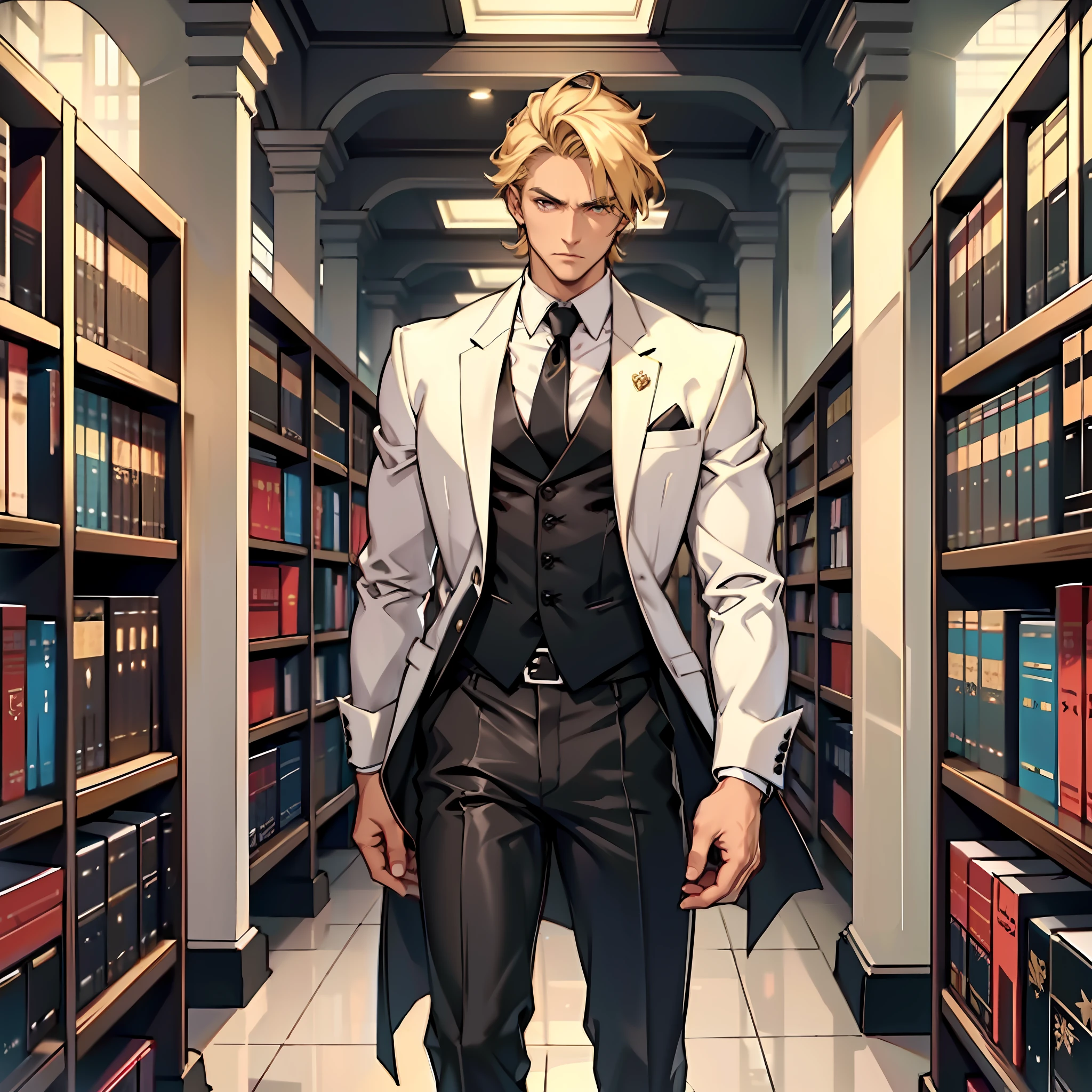 Gorgeous man, strong physique, black colored social blouse, long white pants, black colored social shoes, blonde hair parted in the middle, short hair, straight hair, brown colored eyes, slender appearance, elegant, library scenery, brown tie, indifferent look, ancient kingdom, man in his 50s.