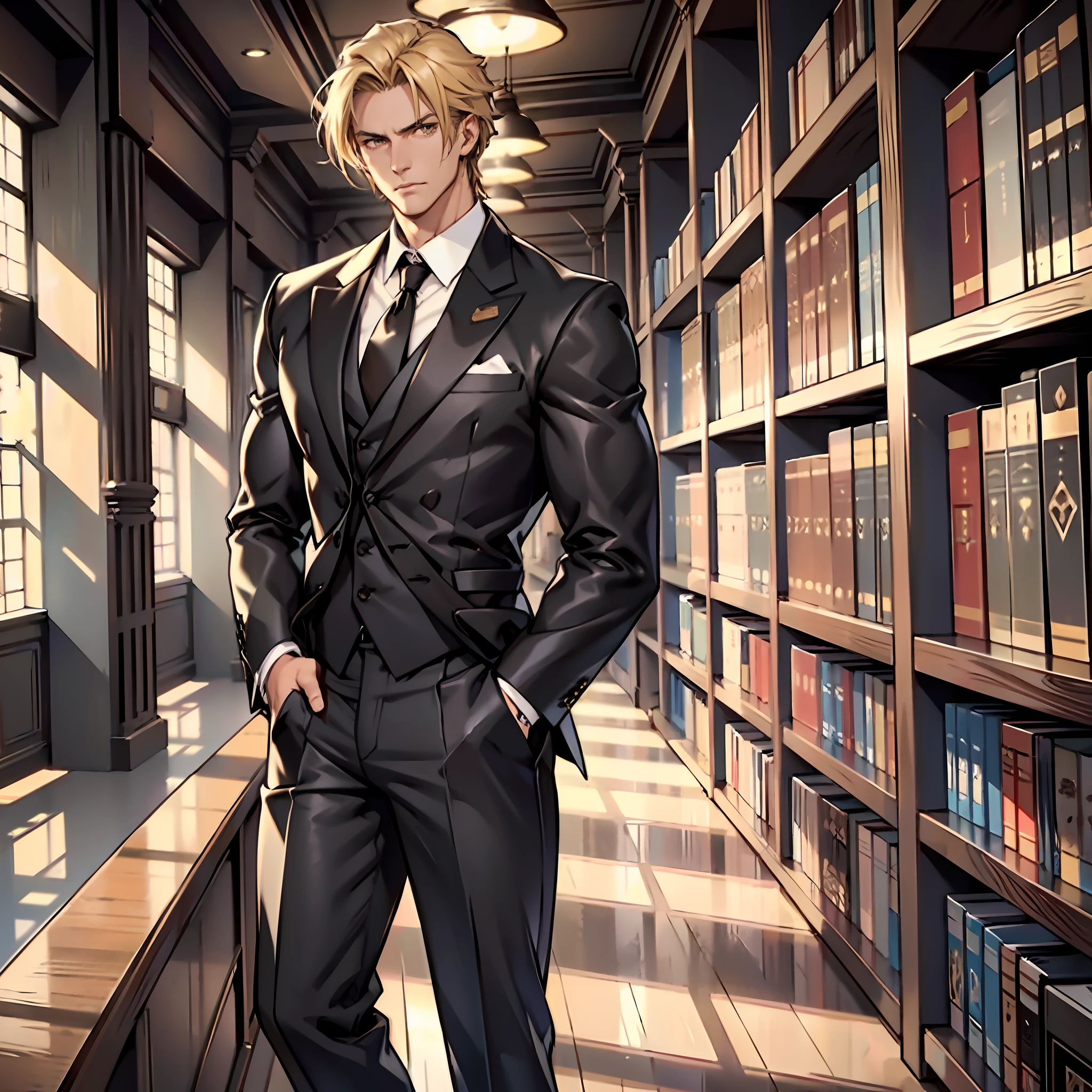 Gorgeous man, strong physique, black colored social blouse, long white pants, black colored social shoes, blonde hair parted in the middle, short hair, straight hair, brown colored eyes, slender appearance, elegant, library scenery, brown tie, indifferent look, ancient kingdom, man in his 50s.
