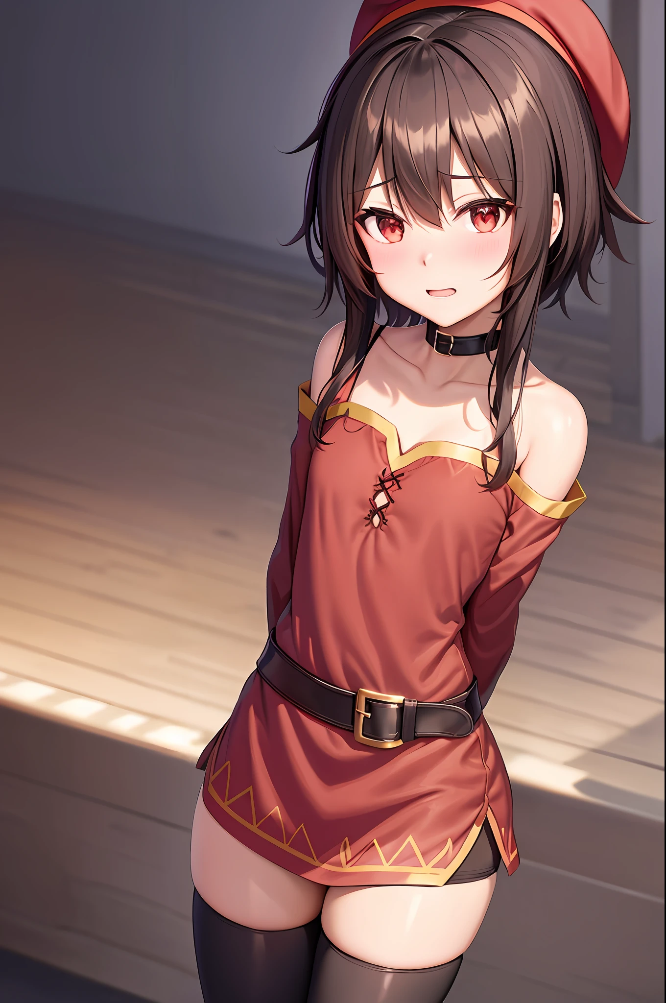 megumin, kono subarashii sekai ni shukufuku wo!, 1girl, solo, standing, looking at viewer, hat, witch hat, brown hair, short hair with long locks, red eyes, blush, evil grin, black choker, collarbone, flat chest, off-shoulder dress, dress, red dress, brown cape, long sleeves, black gloves, fingerless gloves, belt, brown belt, gold trim, zettai ryouiki, skindentation, (asymmetrical legwear:1.4), mismatched legwear, (bandaged leg:1.3), black thighhighs, (arms behind back:1.3),
(forest:1.4)