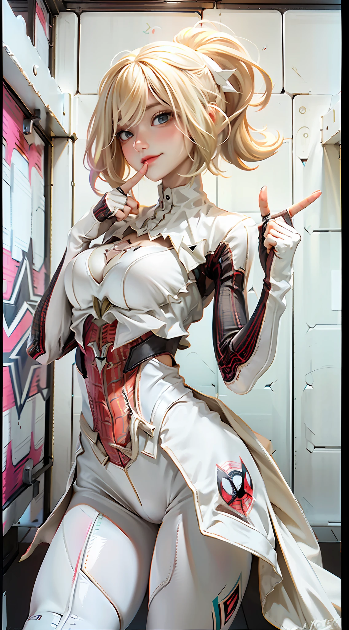 Female version of Spider-Man, Gwen, white ultra-thin tights, spider vector LOGO on chest, blonde hair, sweet and cute, thumbs up to cheer gesture